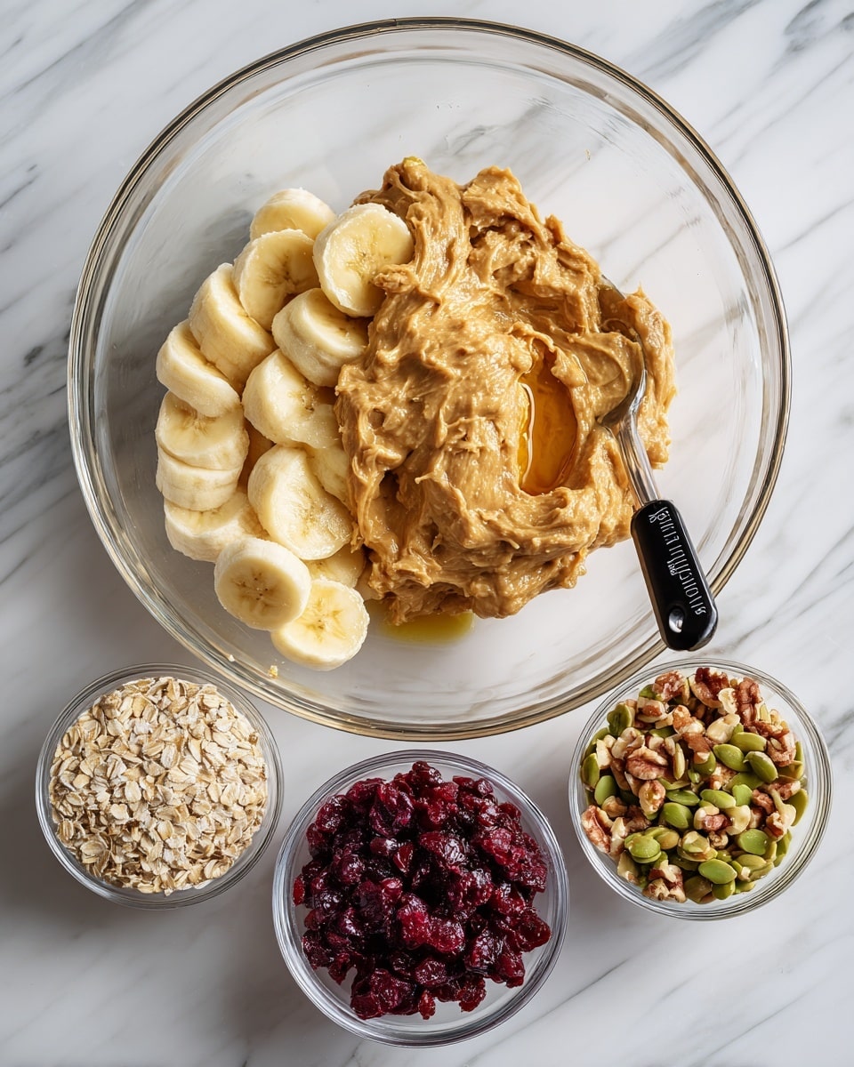A clear large glass bowl sits on a white marbled surface filled with creamy light brown peanut butter, a heap of soft, mashed yellow bananas, and golden honey puddled next to them. Around the bowl are three smaller clear glass bowls placed on the white marbled surface: one holds pale beige oats, another deep red dried cranberries, and the last has a mix of chopped greenish-brown nuts. Small black labels point to the different ingredients in each bowl along with a transparent measuring spoon inside the large bowl. Photo taken with an iphone --ar 4:5 --v 7