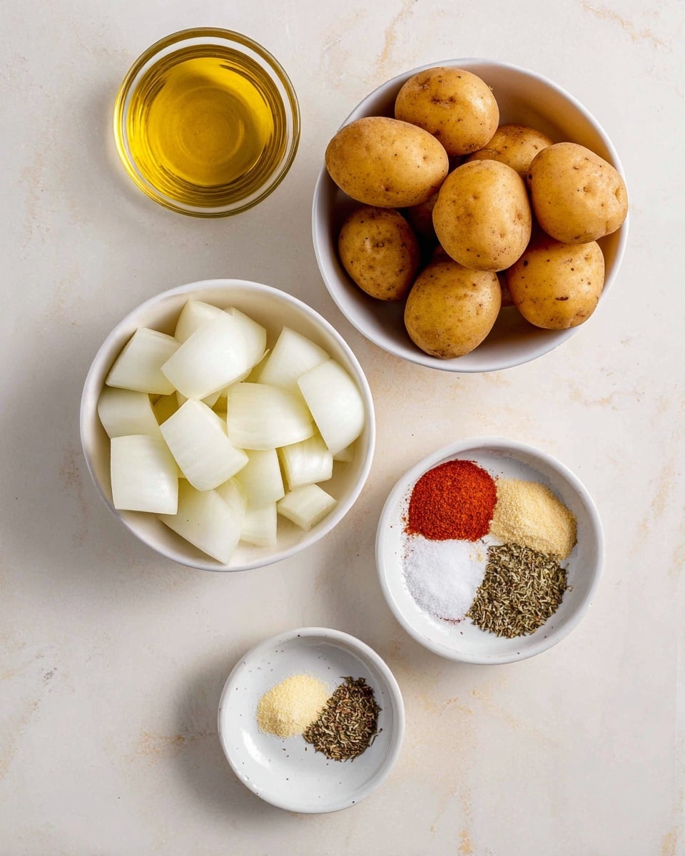 The image shows four white bowls arranged on a white marbled surface. The top right bowl is filled with whole small potatoes that have a smooth, light brown skin. Below it on the left is a bowl with large chunks of white onion, showing their layered texture. To the right of the onions is a smaller white bowl divided into five sections of spices: red paprika powder, white salt, ground black pepper, dried thyme, and a light yellow powder. Above the spices and to the left of the potatoes is a small glass bowl with golden olive oil inside. The setup is clean, simple, and organized for cooking preparation photo taken with an iphone --ar 4:5 --v 7