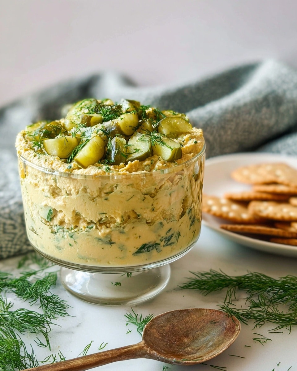 A glass bowl filled with three visible layers of hummus-like mixture, light yellow with green herb specks throughout, topped generously with chopped light green pickles and fresh dill sprigs scattered on top; the bowl rests on a white marbled surface with fresh dill sprigs placed artfully nearby, a wooden spoon with a worn handle and a few crackers on a white plate blurred in the background, and a folded cloth with a subtle gray-green pattern behind the bowl. photo taken with an iphone --ar 4:5 --v 7