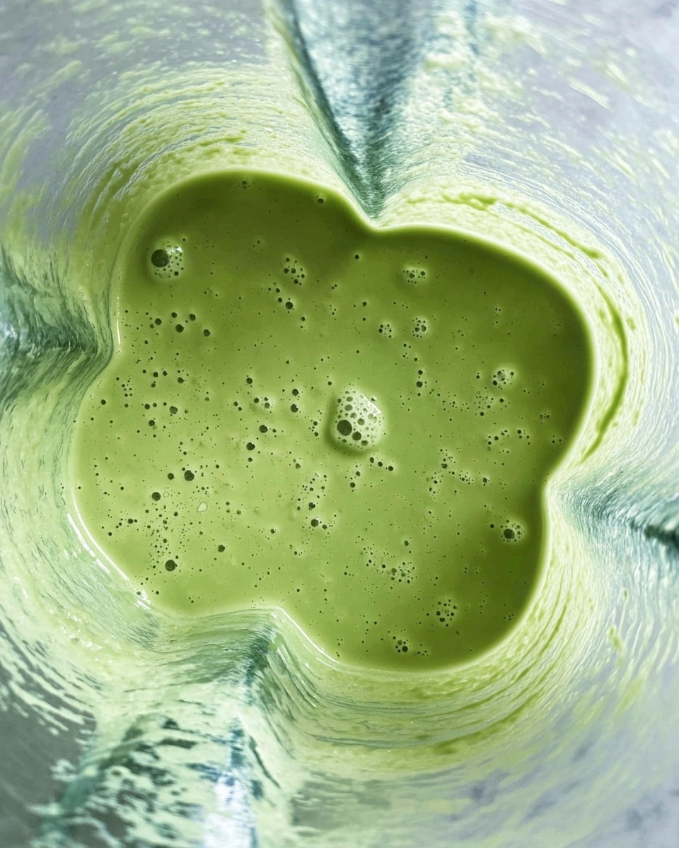 A close-up view of a blender container filled with a smooth, light green mixture that has small bubbles spread evenly across the surface. The inside walls of the blender show streaks of the same green mixture, creating a consistent texture. The container is clear, and the green mixture stands out against a white marbled surface below. photo taken with an iphone --ar 4:5 --v 7