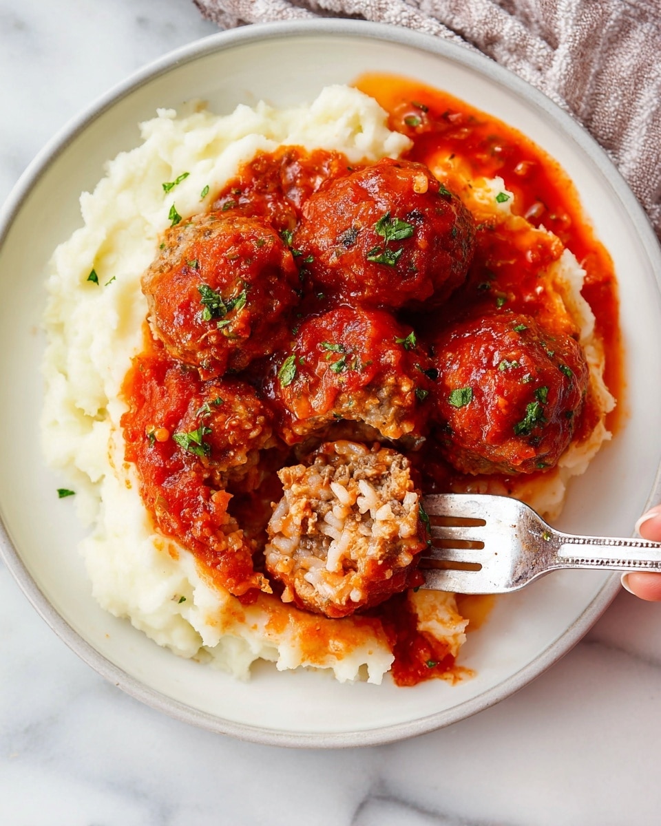 The image shows a white plate filled with a serving of white mashed potatoes on the left side, topped with a rich red tomato sauce. On the right side of the plate, there are five round meatballs covered in the same tomato sauce, sprinkled with small green herb pieces for garnish. One meatball is partially broken open by a fork, showing a soft inner texture mixed with rice and minced meat. The plate sits on a white marbled surface, and a woman's hand holding the fork is visible, lifting the opened meatball. Photo taken with an iphone --ar 4:5 --v 7