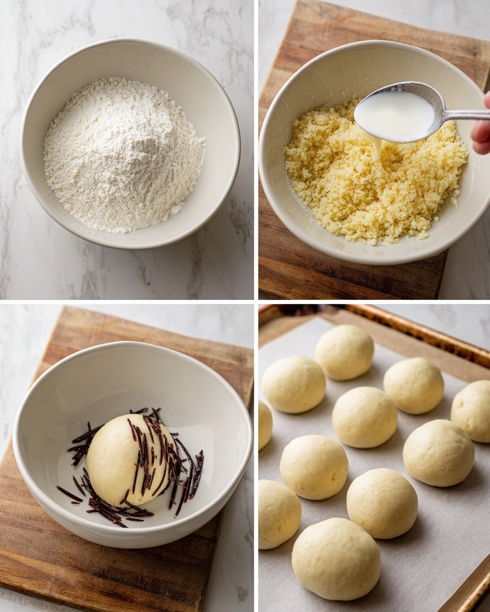 Six images show the process of making dough balls with filling. The first image has a white bowl with two powders, one fluffy white and the other fine white powder, side by side. The second image shows the powders mixed into yellowish, crumbly clumps inside a white bowl. The third image shows a spoon with white liquid being added over the crumbly mixture in the white bowl. The fourth image shows the mixture formed into a smooth, round dough ball centered in the white bowl. The fifth image shows a close-up of a round dough ball with an open top filled with dark red strips inside, placed on a wooden surface, with three more dough balls blurred in the background. The sixth image shows six smooth dough balls spaced evenly on a parchment paper-lined tray, viewed from above. The background surface is a white marbled texture photo taken with an iphone --ar 4:5 --v 7