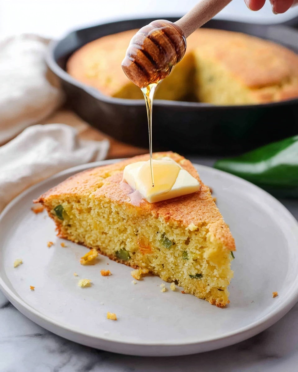 A single slice of golden yellow cornbread with small green and orange bits inside rests on a white plate, topped with a pale yellow square of butter melting slightly on the surface. Above the cornbread, golden honey drips slowly from a wooden honey dipper held by a woman's hand, creating a thin stream. In the background, the rest of the round cornbread is visible in a dark skillet with a missing slice, set on a white marbled surface, with a green pepper off to the side. photo taken with an iphone --ar 4:5 --v 7
