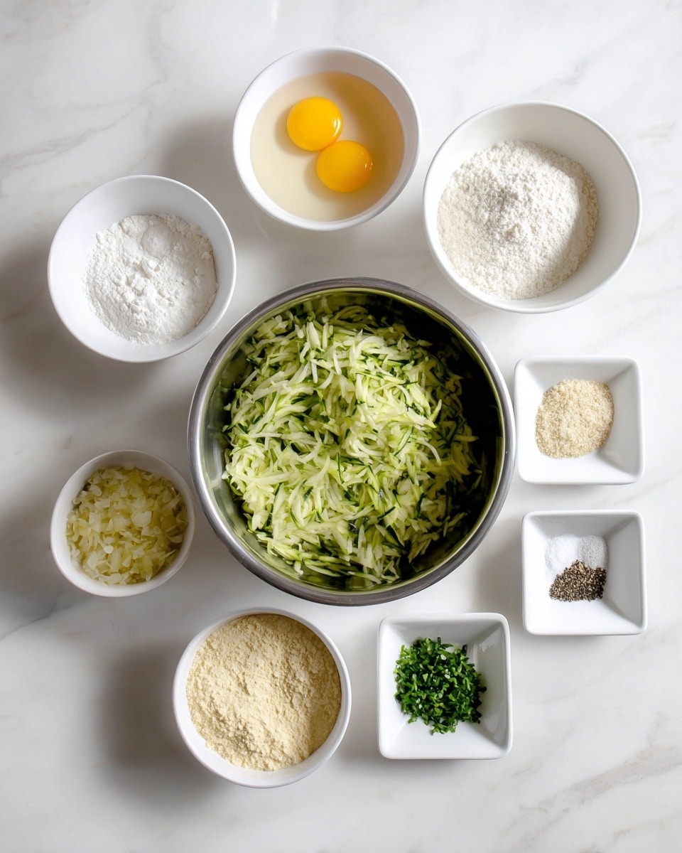 A collection of ingredients arranged neatly on a white marbled surface, centered around a large metal bowl filled with shredded green zucchini. Surrounding the bowl are seven white dishes: a bowl with two cracked raw eggs showing bright yellow yolks, a bowl with white flour, a small bowl with chopped white onions, a square dish with light yellow breadcrumbs, a square dish with beige powder, another square dish with chopped green herbs, and a square dish holding small piles of black pepper and white salt. The arrangement is clean and bright, highlighting the fresh and raw ingredients. photo taken with an iphone --ar 4:5 --v 7