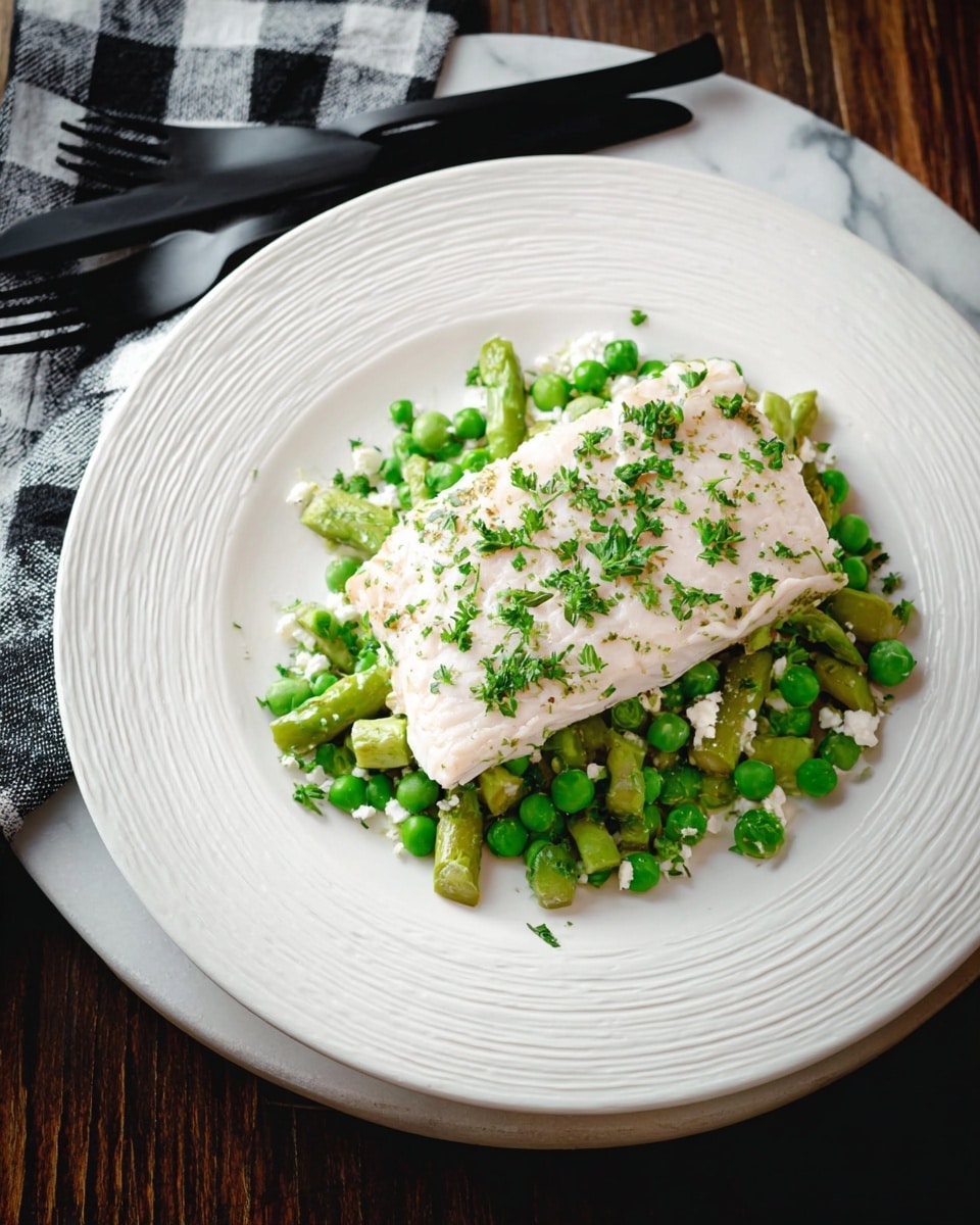 A white plate with a textured rim holds a dish with two main layers. The bottom layer is a mix of bright green peas and chopped asparagus pieces along with small white crumbles, spread evenly across the plate. The top layer is a thick, rectangular piece of light pink fish, sprinkled with small bits of green herbs. The plate sits on a dark wooden surface with a white marbled texture, and a black fork and knife rest on a black and white checkered napkin to the left. photo taken with an iphone --ar 4:5 --v 7