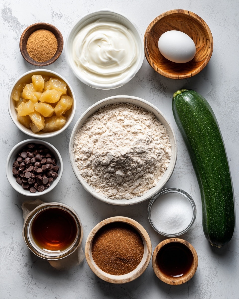 The image shows a white marbled surface with multiple small bowls and one white bowl arranged neatly with baking ingredients. At the center is a clear white bowl filled with light brown whole wheat flour. To the right of it is a fresh, smooth, dark green zucchini laying lengthwise. Above the flour is a white container with thick, creamy, white Greek yogurt. Above and right is a white egg resting in a small wooden bowl with a natural brown texture. To the left of the flour is a white bowl containing chunky, light yellow applesauce. Below that is a silver measuring cup filled with golden brown sugar. Below the flour, in the center, is a clear white bowl filled with shiny, dark brown chocolate chips. To the right of the chocolate chips is a small wooden bowl holding white baking powder, and next to it is another small wooden bowl with white baking soda. Below and left is a small wooden bowl with ground cinnamon, showing a warm, light brown powder. To the left of the chocolate chips is a shallow white bowl holding dark amber vanilla extract. At the bottom is a tiny wooden bowl with white salt. The lighting is bright and soft, emphasizing natural colors and textures. photo taken with an iphone --ar 4:5 --v 7