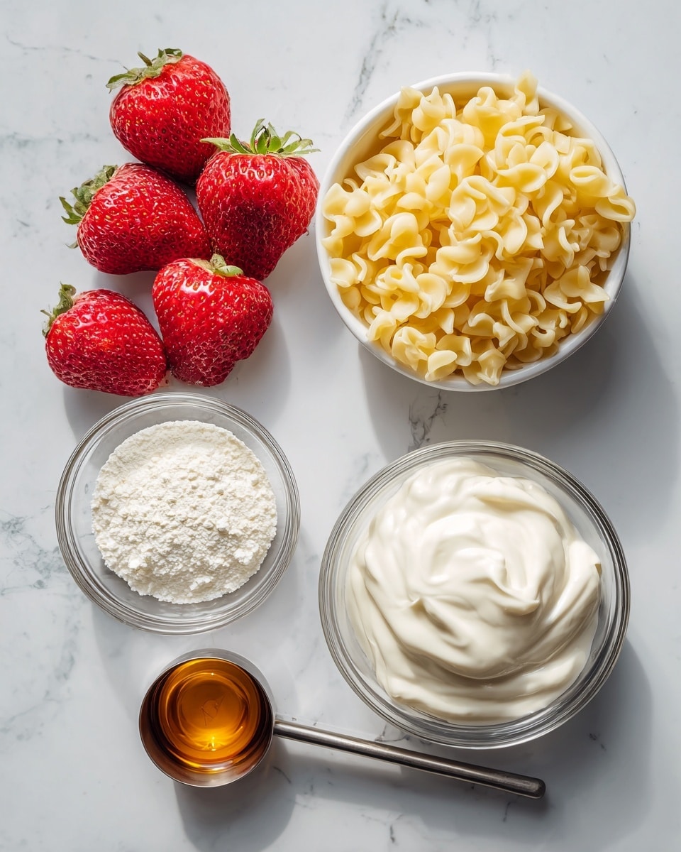 The image shows five ingredients arranged on a white marbled surface: at the top left are four whole strawberries with bright red color and small seeds; to their right is a white bowl filled with dry yellow pasta shaped in short curls; below the strawberries is a clear glass bowl containing a white powdery sugar; at the bottom right is another clear glass bowl with thick, smooth white sour cream; and finally, on the right side of the image, a metal measuring spoon holds a small amount of golden brown vanilla extract. Photo taken with an iphone --ar 4:5 --v 7