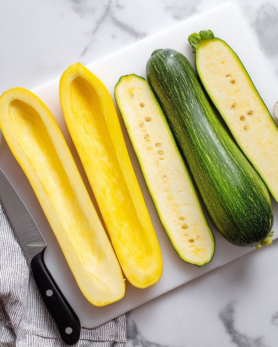 The image shows four halves of two types of fresh squash placed on a white cutting board set against a white marbled surface. On the left side are two long, smooth yellow squash halves with soft pale yellow interiors and small seeds in the center. To the right, two long green zucchini halves with dark green skin and light greenish-yellow flesh are arranged parallel to the yellow squash. A knife with a black handle lies near the lower left corner next to a gray and white striped cloth. The scene is brightly lit, highlighting the fresh textures and colors of the squash photo taken with an iphone --ar 4:5 --v 7