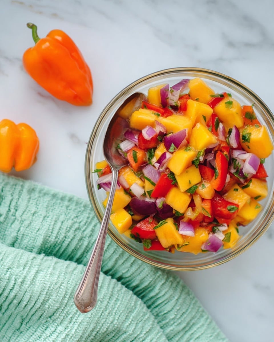 A clear glass bowl holds a colorful mix of diced mango, red bell pepper, red onion, and green herbs, each piece distinct with bright yellow, deep red, purple, and green colors. The mango pieces are smooth and firm, the red bell pepper chunks shiny and fresh, while the red onion provides a light purple contrast, and small green herb bits are scattered on top. A silver spoon rests inside the bowl, positioned to the left. The bowl sits on a white marbled surface, next to a mint green textured cloth with two small orange peppers placed nearby. Photo taken with an iphone --ar 4:5 --v 7