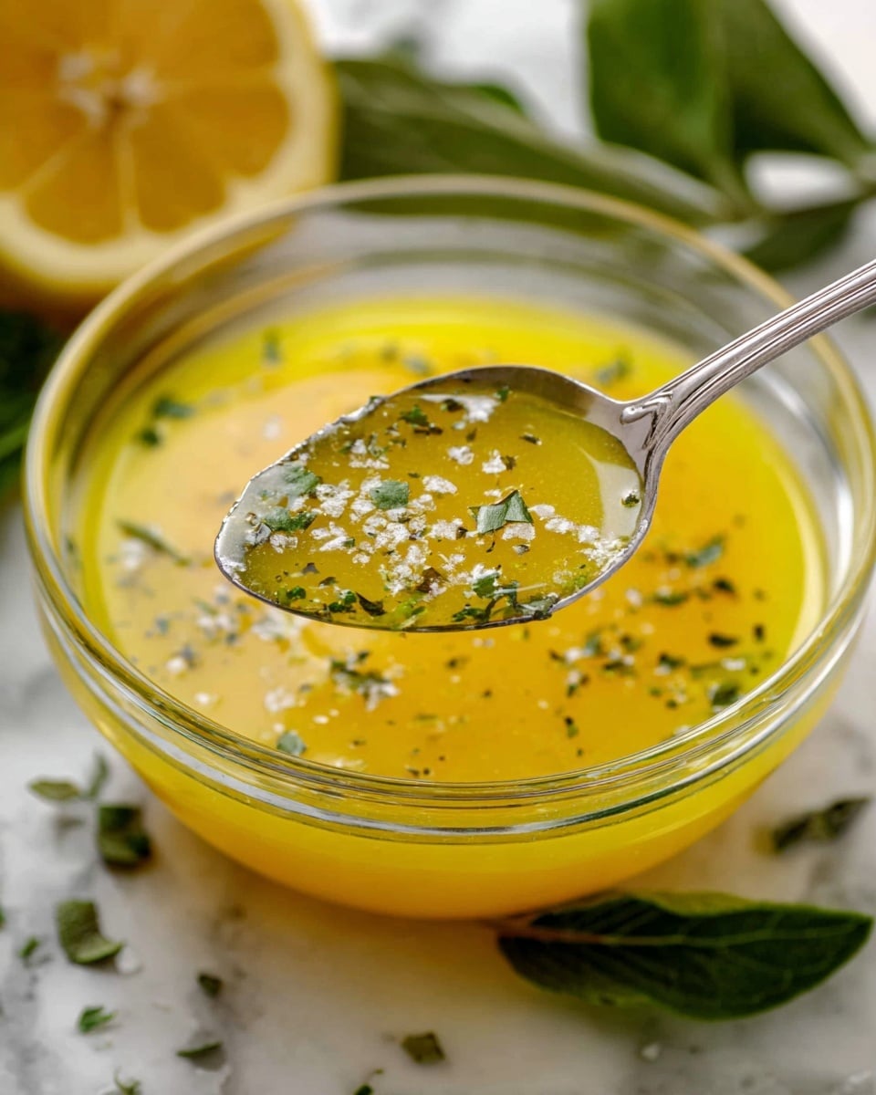 A clear glass bowl filled with bright yellow lemon dressing, sprinkled with small green herb pieces and coarse white salt on top, is placed on a white marbled surface; a spoon holds some of the dressing showing more herbs and salt scattered in the shiny smooth liquid, with a lemon half and green leaves blurred in the background, photo taken with an iphone --ar 4:5 --v 7