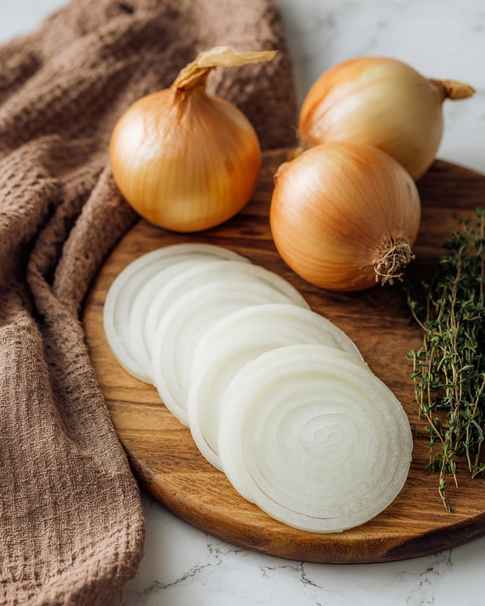 The image shows a wooden board with thin white onion slices neatly layered in a row, showing their circular shape and translucent texture. Behind the slices, three whole onions with golden brown skin and dry stems are arranged with a small bunch of green thyme on the right side of the board. A soft brown cloth lies on the white marbled surface to the left of the board, which adds a cozy touch to the scene. photo taken with an iphone --ar 4:5 --v 7