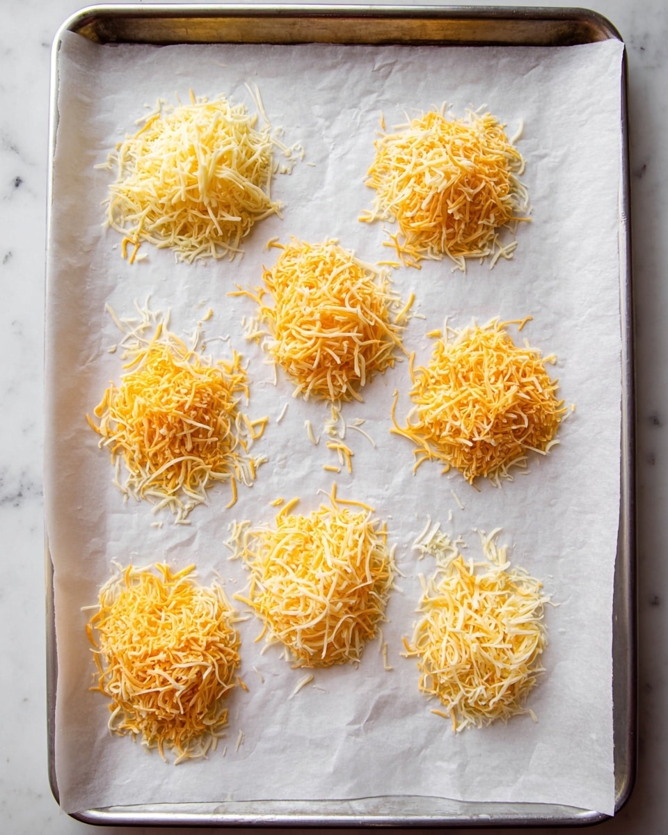 A metal baking tray lined with white parchment paper holds eight small, rough circular piles of shredded cheese. Each pile is a mix of light yellow and pale orange cheese strands, loosely piled with some strands scattered on the parchment. The tray edges are lightly visible, and the scene is set on a white marbled background, highlighting the soft texture and mixed colors of the cheese piles. photo taken with an iphone --ar 4:5 --v 7
