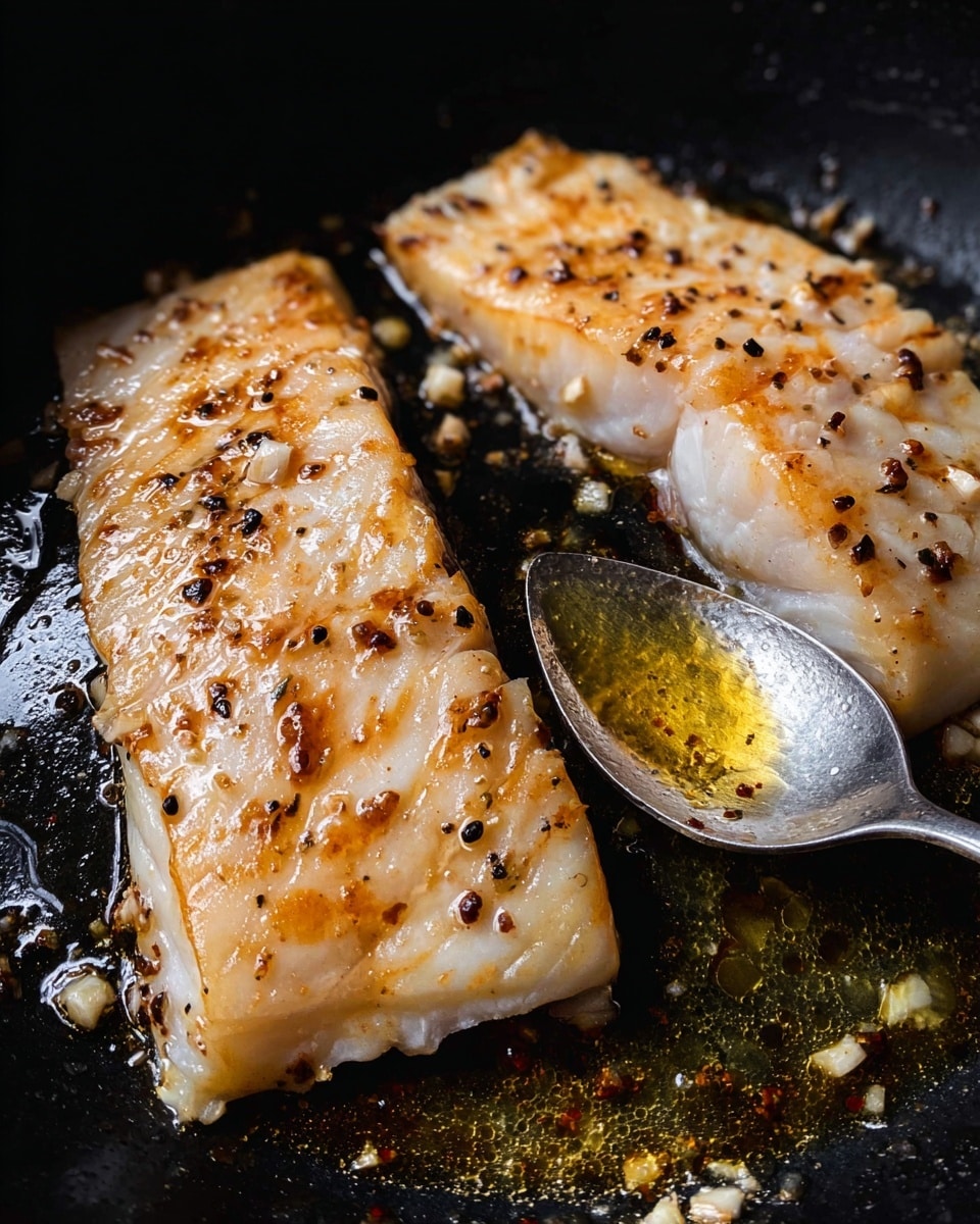 Two light brown fish fillets with a slight golden crust lie side by side in a black pan. The fillets have small black pepper pieces and minced garlic scattered on top, and the surface of the fish shows light grill marks. A silver spoon is in the lower right corner, spreading some glossy golden oil over the fillets. The cooking area has a shiny, oily texture. Photo taken with an iphone --ar 4:5 --v 7