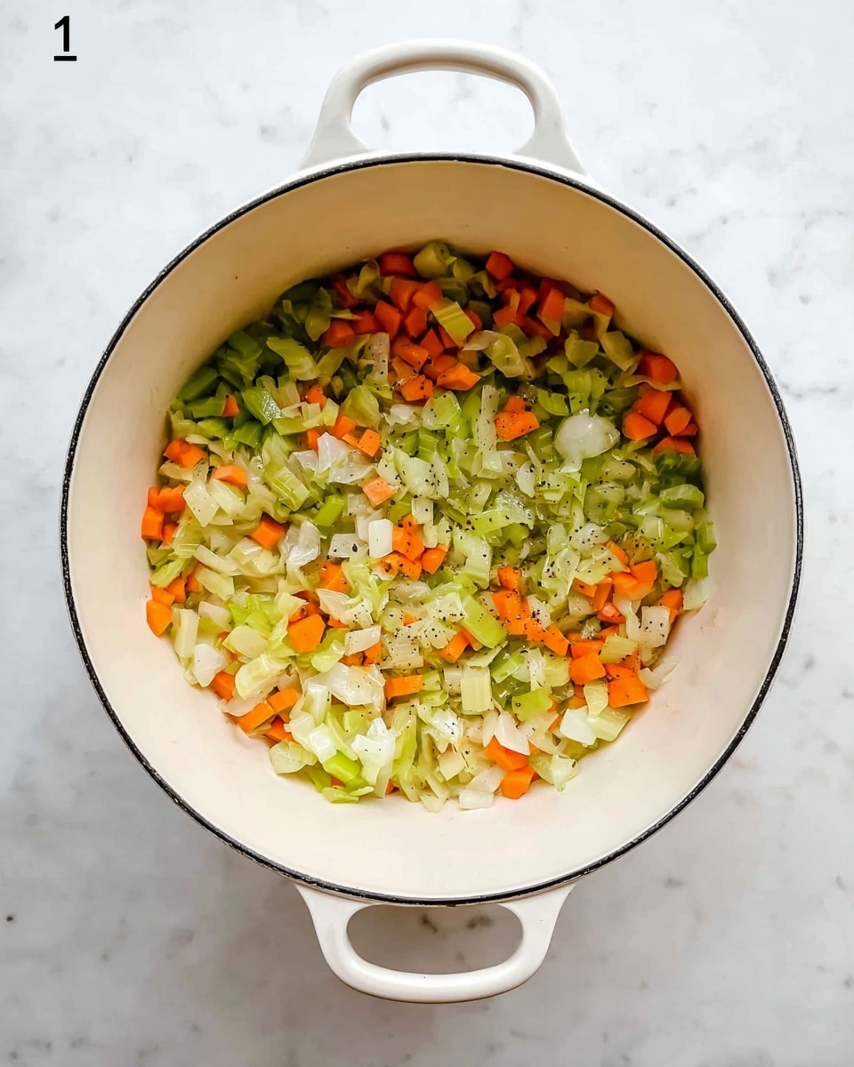 A white pot with two handles is placed on a white marbled surface, filled with small chopped vegetable pieces including light green celery, orange carrots, and white onions, all mixed and lightly seasoned with small black pepper specks. The vegetables cover the bottom layer of the pot, showing a mix of soft textures and bright natural colors, ready for cooking. photo taken with an iphone --ar 4:5 --v 7