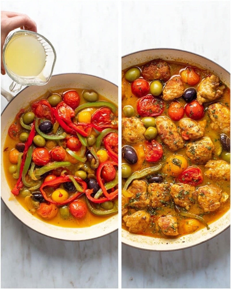 The image shows a white pan on a white marbled surface in two stages of cooking. In the first stage, the pan holds a mix of bright red and green bell pepper strips, whole red and yellow cherry tomatoes, and black olives in a clear light sauce, with a woman's hand pouring a light yellow liquid into the pan from a clear cup. In the second stage, the same pan is filled with golden brown cooked chicken pieces nestled among the vegetables in a rich orange sauce, with the tomatoes, olives, and peppers partially covered but still visible, and a sprinkle of herbs on top. Photo taken with an iphone --ar 4:5 --v 7