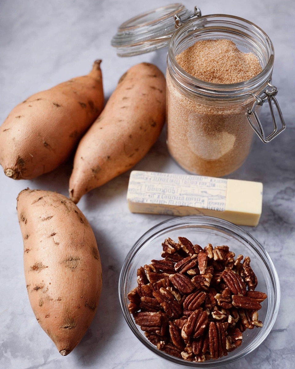 The image shows four whole sweet potatoes placed on a white marbled surface, a glass bowl filled with chopped pecans, a stick of butter in its wrapper, and a glass jar filled with brown sugar. The sweet potatoes are light brown with some small spots and rough texture, arranged grouped together on the left side. The clear glass bowl holds many dark brown pecan pieces with a rough texture, positioned in the lower right corner. The butter stick, pale yellow and wrapped in paper with text, lies near the top right behind the pecans. The jar of brown sugar is transparent with a metal clasp lid, filled almost to the top with fine, light brown sugar, placed behind the butter. Photo taken with an iphone --ar 4:5 --v 7