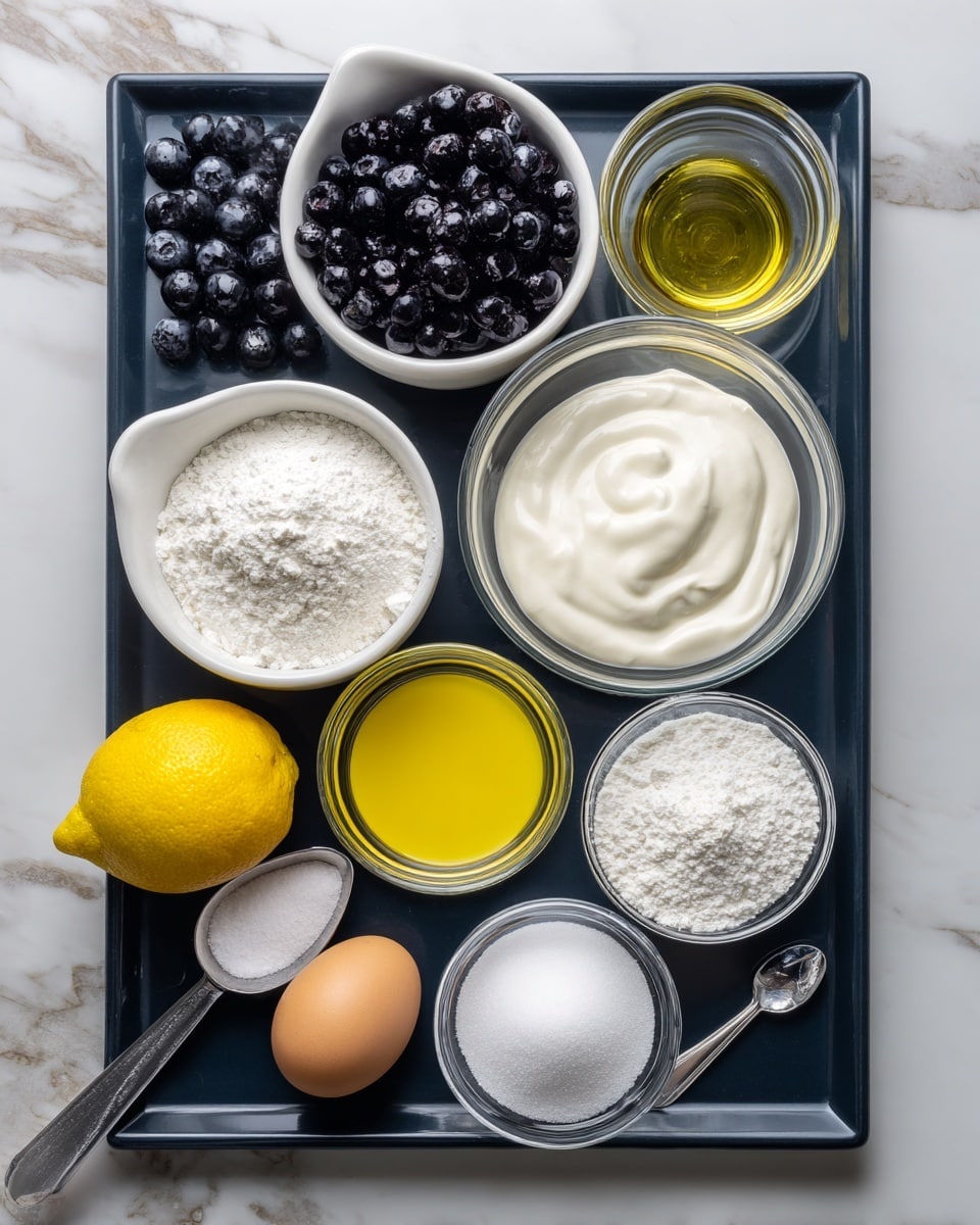 The image shows a neat arrangement of ingredients on a dark tray with a white marbled texture underneath. There are three white bowls at the top holding dark blue round blueberries on the left, white flour in the middle, and light yellow oil on the right. Below them, there are three glass bowls containing white baking powder and baking soda mix on the left, creamy white yogurt in the middle, and light cream-colored milk on the right. To the right of the milk is a brown egg. Below these, a small glass bowl holds bright yellow vanilla extract on the bottom left, next to a white bowl filled with granulated white sugar in the middle, and a clear glass bowl with white powdered sugar on the right. At the bottom left corner, there is a bright yellow lemon, and a metal measuring spoon with salt rests horizontally beneath the powdered sugar. All ingredients are clearly labeled in simple black text. Photo taken with an iphone --ar 4:5 --v 7