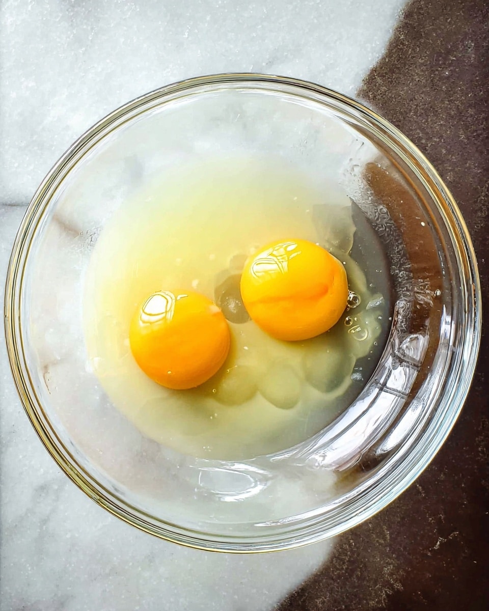 The image shows a clear glass bowl placed on a white marbled surface, containing two raw eggs with bright yellow yolks and translucent egg whites surrounding them. The bowl is round and transparent, allowing the details of the eggs to be clearly visible, with a slight reflection of light on the glass edges highlighting its smooth texture. Photo taken with an iphone --ar 4:5 --v 7