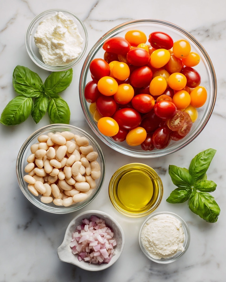 A group of clear glass bowls on a white marbled surface, each showing different food items: one bowl is full of shiny, round cherry tomatoes in red, yellow, and orange shades; another holds many smooth, light beige white beans; a small bowl has a white creamy dollop of ricotta cheese with a soft texture; another small bowl contains finely chopped, pale pink shallots; a tiny bowl shows a white creamy minced garlic paste; and a small glass cup has light, golden olive oil. Fresh bright green basil leaves are placed beside the bowls, creating a fresh and colorful setup. Photo taken with an iphone --ar 4:5 --v 7