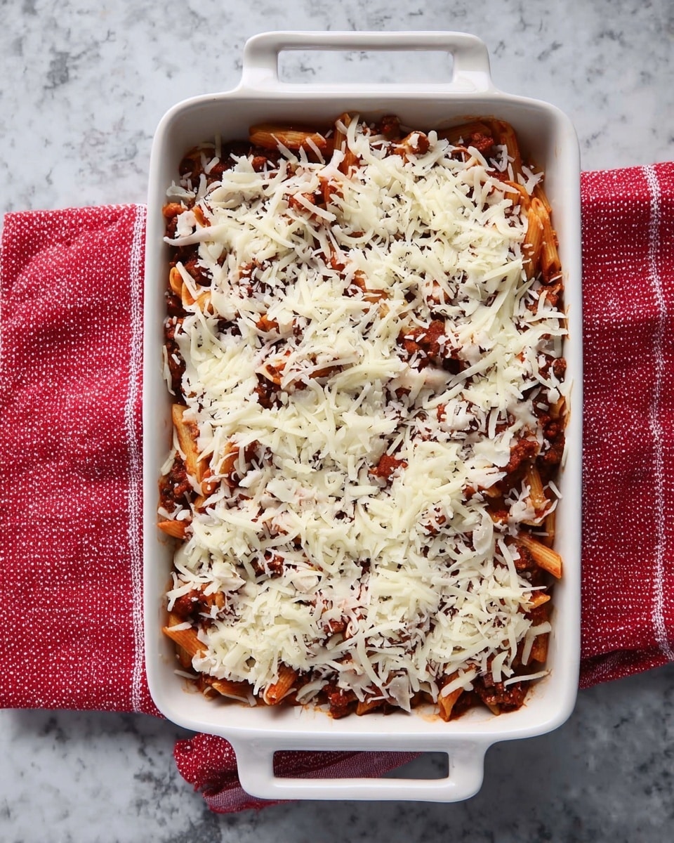 A white rectangular baking dish with short handles on each side contains a baked pasta dish. The bottom layer is dark brown meat sauce mixed with penne pasta, visible through the layer of shredded white cheese spread unevenly on top. The pasta sauce layer looks textured and slightly chunky, and the shredded cheese appears soft and scattered, not fully melted. The dish sits on a red and white striped cloth over a white marbled surface. photo taken with an iphone --ar 4:5 --v 7