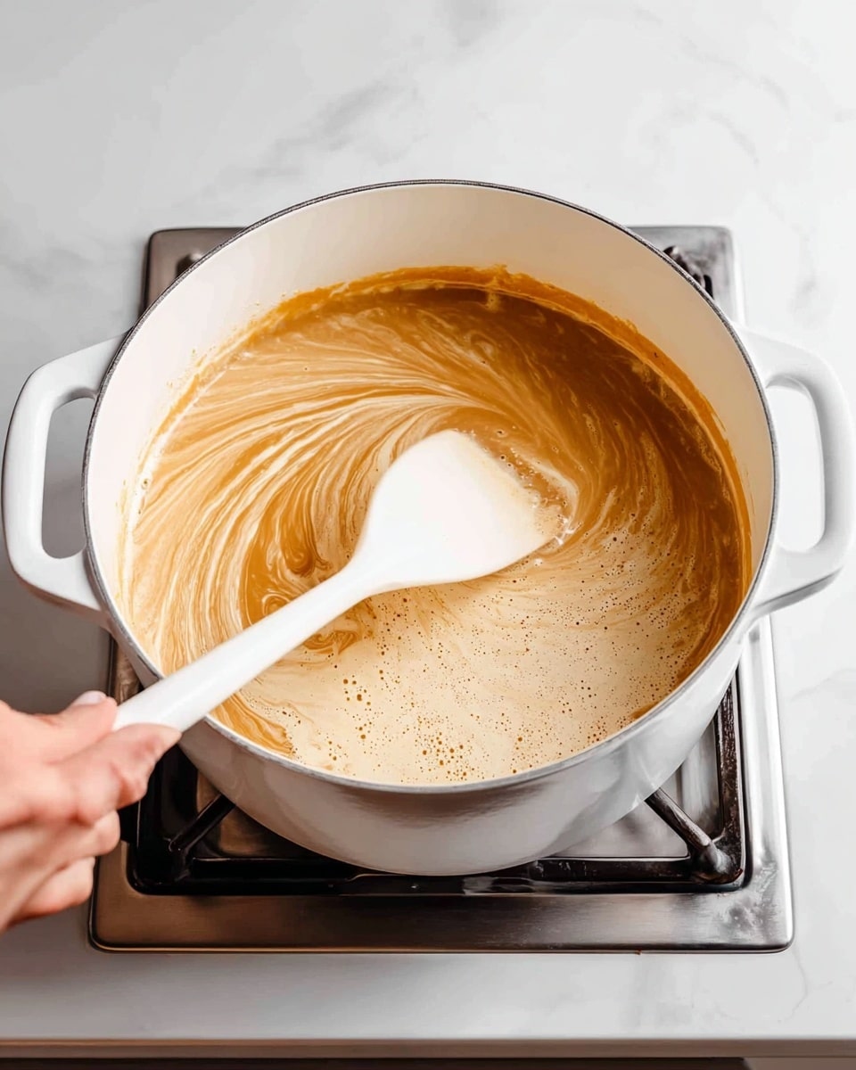 A white pot sits on a stove with a creamy brown sauce inside, swirling as a white spatula stirs it gently. The sauce has a smooth texture with light and dark brown mixes showing in a single layer inside the pot. A woman's hand holds the spatula from above, and the background is a clean white marbled surface with part of the stove visible. photo taken with an iphone --ar 4:5 --v 7