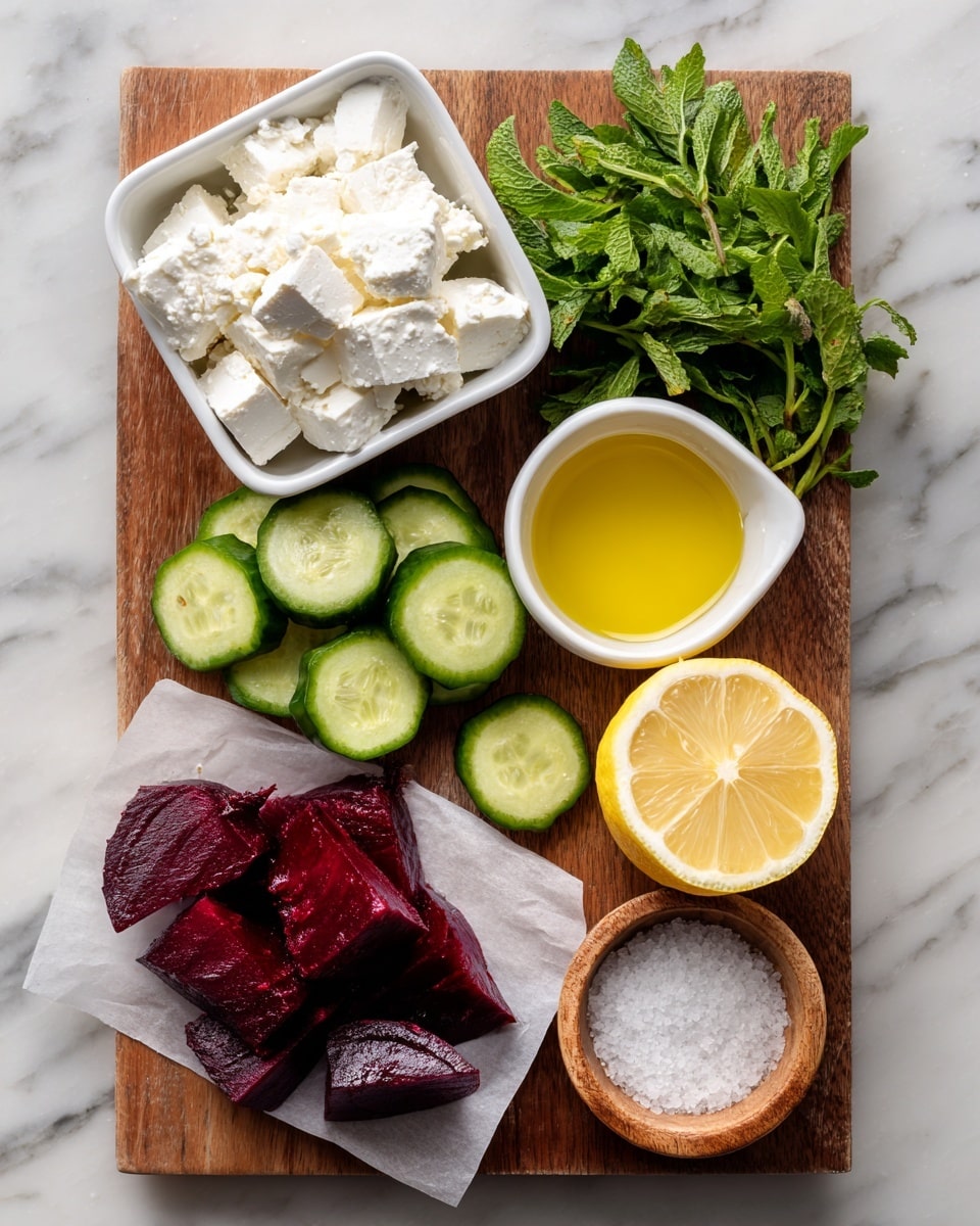 A wooden board with several ingredients neatly arranged: at the top left, white feta cheese in a small white square bowl; next to it on the right, yellow olive oil in a small white ramekin; below the feta cheese, fresh green herbs with leafy texture; in the middle left, sliced cucumber pieces showing green skin and light green inside; center right, half a lemon for juicing with bright yellow peel and pale yellow flesh; bottom right corner, a small wooden bowl with coarse white salt; and at the bottom left, dark red beet chunks on a white parchment paper. The whole setup is placed on a white marbled surface photo taken with an iphone --ar 4:5 --v 7