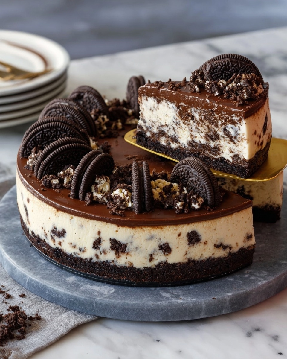A round cheesecake with three main layers is shown on a round gray marble board. The bottom layer is dark brown and looks crumbly, the middle layer is thick and creamy with white and specks of dark cookie pieces mixed inside. The top layer is a smooth, shiny dark chocolate, decorated with half dark cookies placed in a ring around the edge. There are also crumbled cookie pieces sprinkled in the middle of the top layer. A golden cake server is lifting one slice, revealing the inside texture, with a woman's hand holding the server. The background has a white marbled surface and some stacked white plates on the left side. photo taken with an iphone --ar 4:5 --v 7
