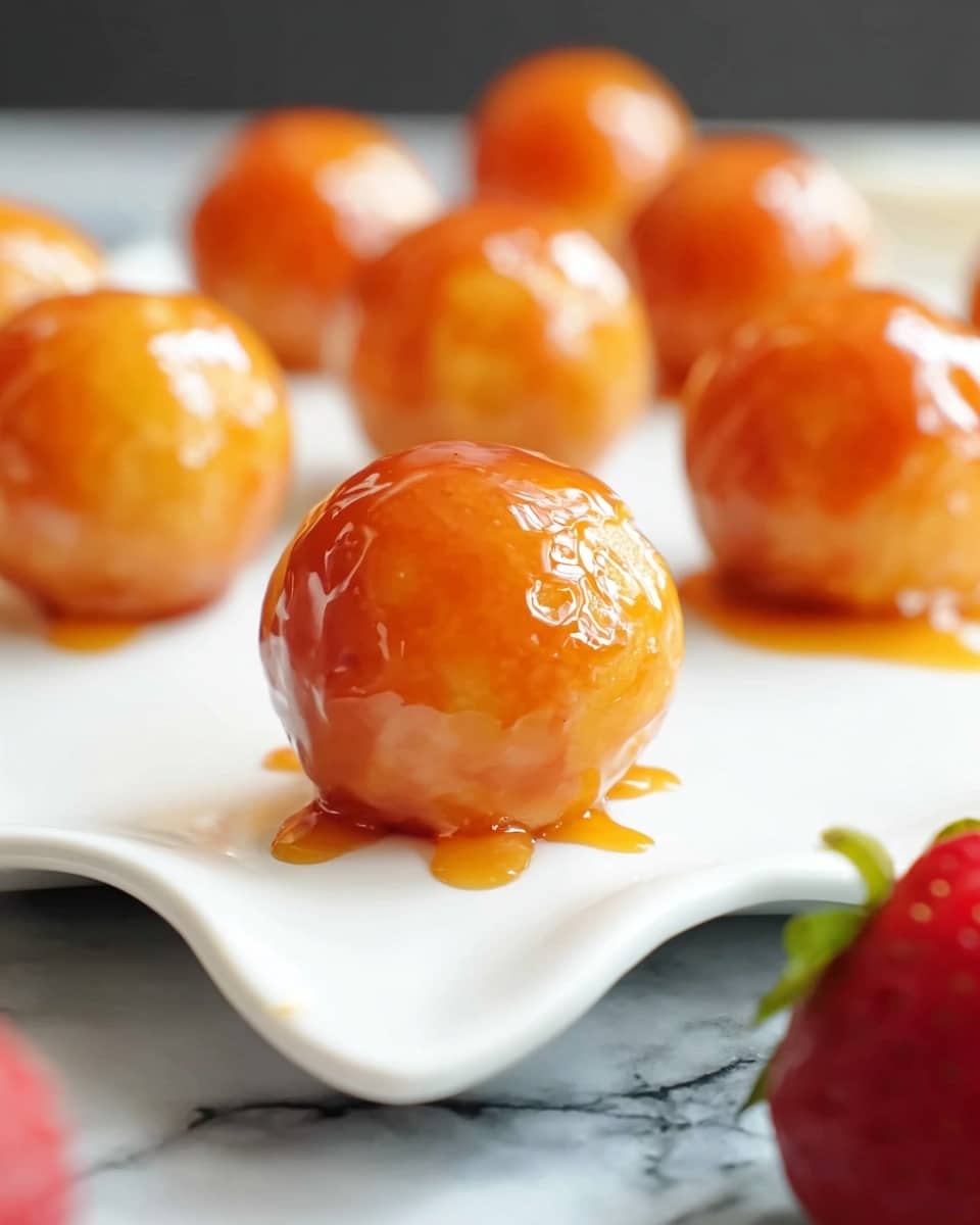 The image shows multiple small round balls with a shiny sticky orange glaze coating all over them, placed on a white plate with a wavy edge. Each ball has a smooth and glossy texture with the glaze dripping down slightly on the sides. The plate is set on a white marbled surface, and in the foreground, there is a blurred red strawberry adding a pop of color to the scene. The balls are evenly spaced, some in focus and others blurred in the background, giving a sense of depth. photo taken with an iphone --ar 4:5 --v 7
