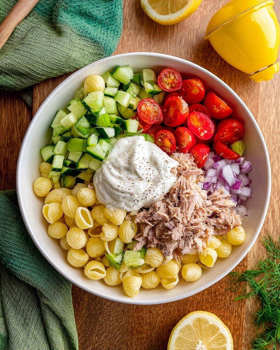 A white bowl filled with layers of food: the bottom layer is yellow pasta shells, topped with chopped light green cucumber at the top left, bright red cherry tomatoes cut in halves at the top right, a heap of light brown tuna flakes next to the tomatoes, small green celery pieces at the bottom right, diced green pickles beside the celery, and small purple onion pieces at the bottom far right. In the center, there is a white dollop of creamy dressing, sprinkled with black pepper. The bowl sits on a wooden surface with a green cloth on the left, half a lemon and some green herbs at the top right, and a yellow lemon squeezer nearby photo taken with an iphone --ar 4:5 --v 7