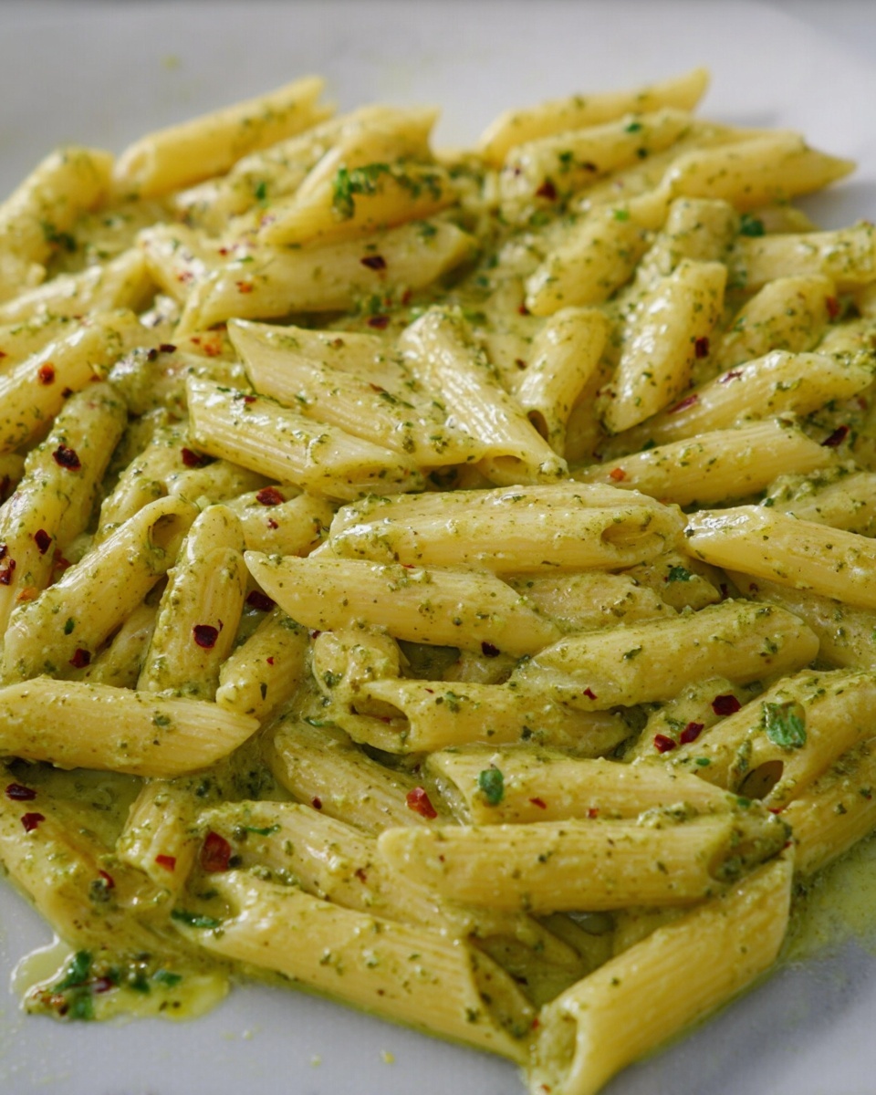 Creamy Pesto Pasta with Crispy Lemon Breadcrumbs Recipe 4 The image shows many pieces of penne pasta covered in a creamy green sauce with small specks of herbs and red chili flakes. The penne pasta is coated evenly with the sauce that has a smooth texture with visible bits of seasoning. The pasta pieces are placed on a white plate, which sits on a white marbled surface, and the sauce pools slightly between the pasta, giving a rich look. Photo taken with an iphone --ar 4:5 --v 7