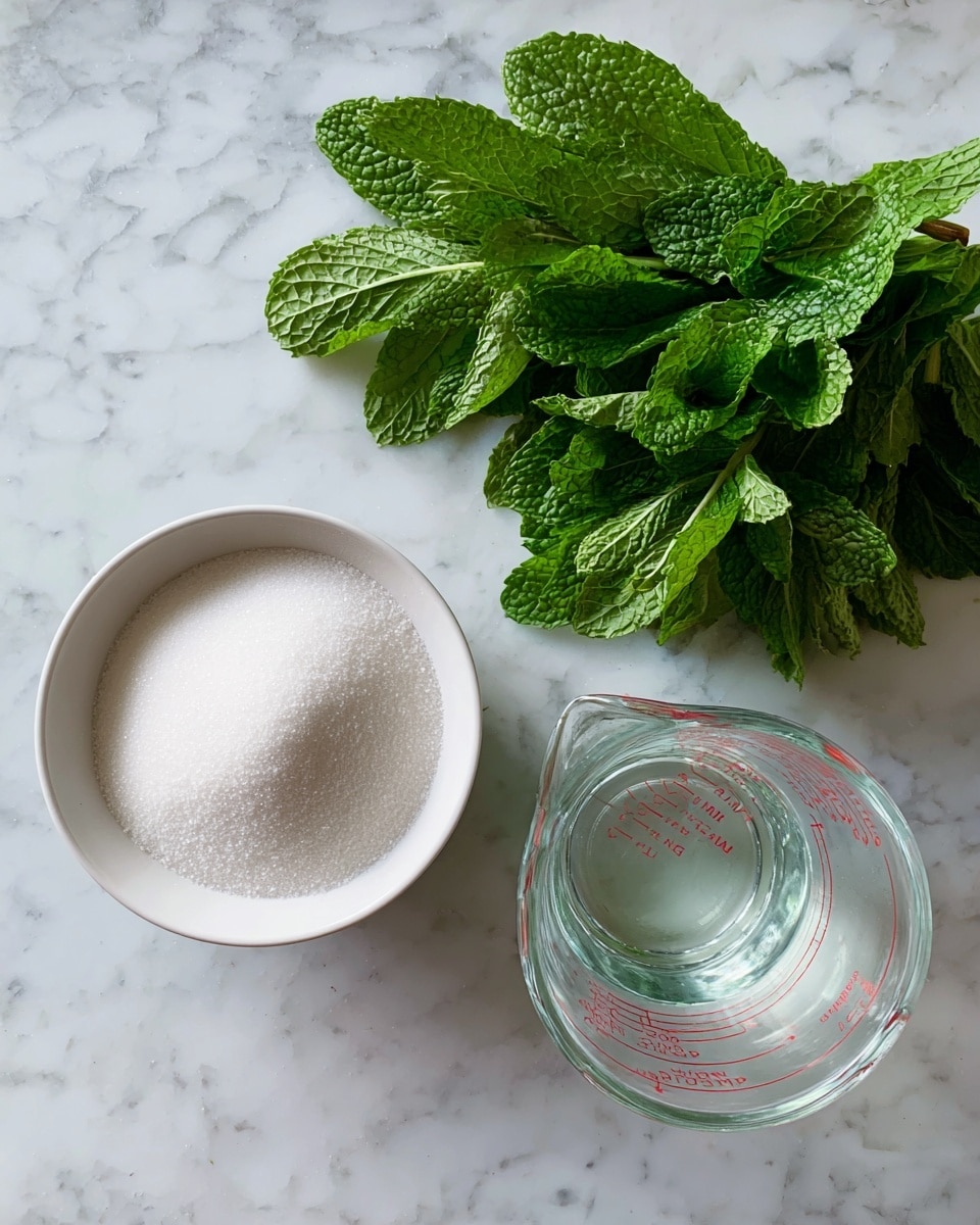On a white marbled surface, there is a bunch of fresh green mint leaves at the top of the image, showing detailed textures and vibrant color. Below it, on the left side, a white bowl filled with fine white granulated sugar sits, showing a soft, smooth mound on top. On the right side, a clear glass measuring cup with water is placed, reflecting light and showing red measurement marks. The overall colors are green, white, and clear, with a clean and fresh look. Photo taken with an iphone --ar 4:5 --v 7