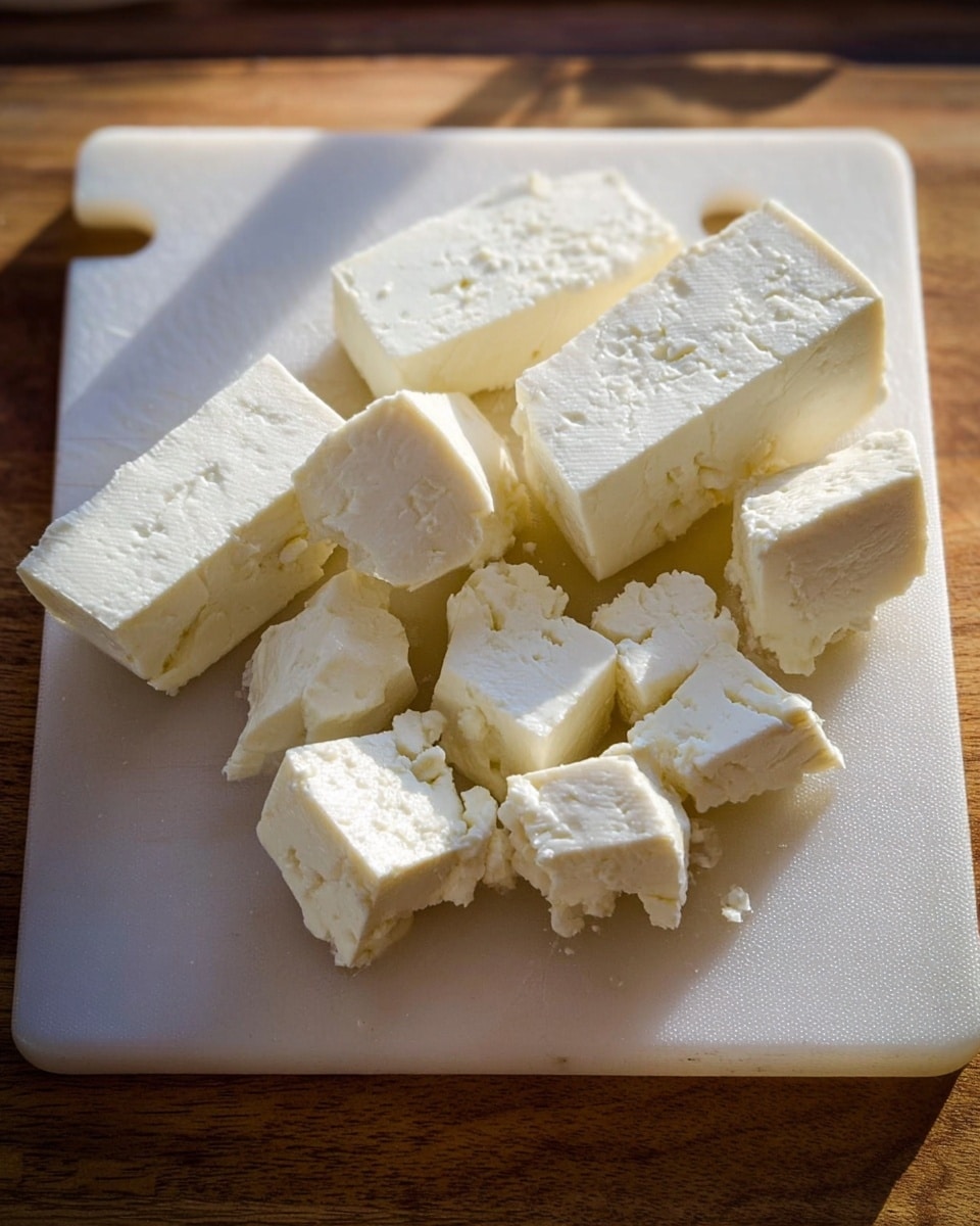 The image shows a white rectangular cutting board placed on a wooden surface. On the cutting board, there are several uneven white cheese blocks and chunks. The cheese pieces vary in size and shape, some are rectangular while others are more irregular, and they have a slightly crumbly texture. The lighting highlights the soft and creamy nature of the cheese. photo taken with an iphone --ar 4:5 --v 7