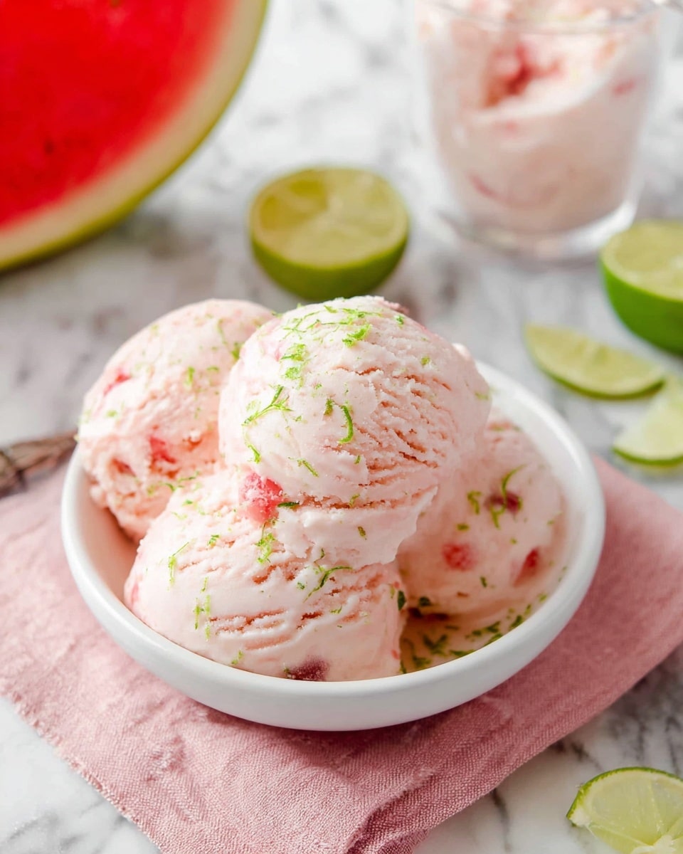 Three light pink scoops of creamy ice cream sit in a white bowl stacked on top of another white bowl. The ice cream has small bits of red throughout and is sprinkled with fine green zest. The bowls are placed on a pale purple cloth on a white marbled surface. In the background, there is a large slice of watermelon with a red and white rind on the left and two lime wedges on the right. A silver spoon lies next to the bowls. Photo taken with an iphone --ar 4:5 --v 7