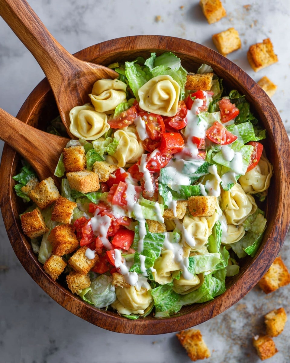 The image shows a wooden bowl filled with a fresh salad that has three main layers. The bottom layer is light yellow tortellini pasta with a smooth texture. The middle layer consists of bright green chopped lettuce leaves, adding a fresh and leafy texture. The top layer has red tomato chunks, golden brown croutons, and a creamy white dressing drizzled over everything. Two wooden spoons are inside the bowl, partly lifting the salad. The bowl is placed on a white marbled surface with more golden brown croutons scattered around. Photo taken with an iphone --ar 4:5 --v 7