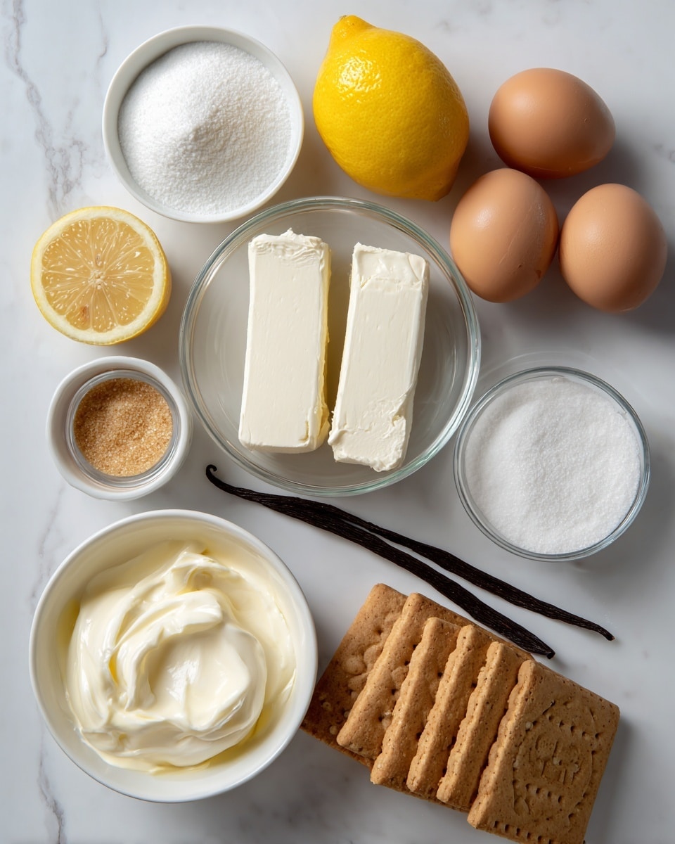 The image shows several ingredients arranged neatly on a white marbled surface. In the center, there is a clear glass bowl holding two thick blocks of smooth, white cream cheese. Above the bowl, a half lemon with bright yellow color and visible texture is placed, labeled as lemon juice (optional). To the left is a small white bowl filled with fine, white caster sugar. Below this, a larger white bowl contains smooth, creamy sour cream with a soft texture. To the right of caster sugar are three brown eggs with smooth shells. Below the eggs lies a long, thin, dark brown vanilla bean pod. On the right side, a small clear glass bowl holds coarse white salt, and nearby, another small clear glass bowl contains light brown sugar. Next to these, stacked in a neat pile, are light brown digestive biscuits showing textured surfaces with holes and patterns. At the bottom, a small white bowl is filled with bright, melted butter with a shiny surface. All items are laid out clearly, showcasing their textures and colors on the white marbled background. Photo taken with an iphone --ar 4:5 --v 7