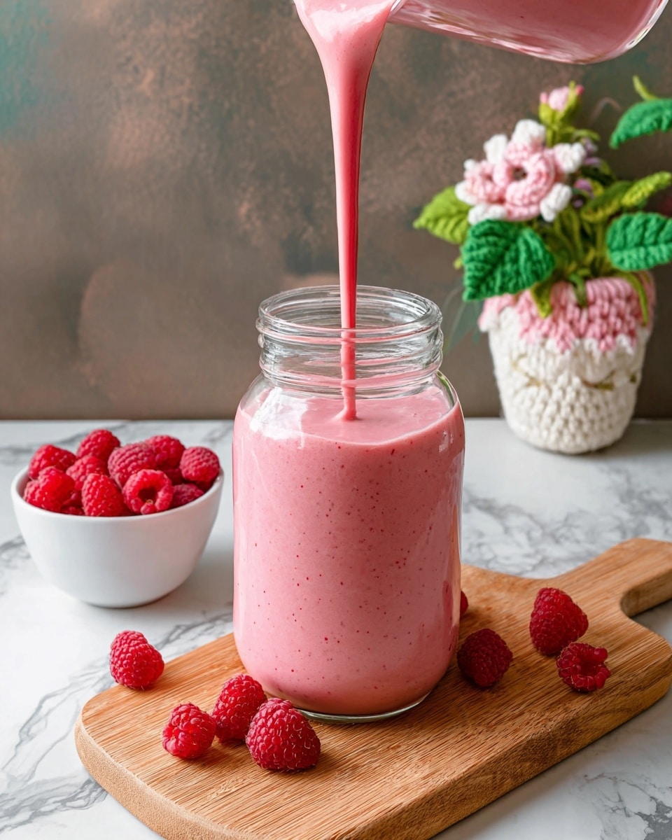 A glass jar sits on a wooden board on a white marbled surface, being filled with a thick pink smoothie. The smoothie inside the jar is smooth and creamy with small berry seeds visible, forming a single pink layer that fills the jar almost to the top. Around the board, there are fresh red raspberries scattered, and a small white bowl filled with more raspberries sits nearby. In the background, a small white pot with crocheted pink flowers and green leaves adds a soft touch. photo taken with an iphone --ar 4:5 --v 7