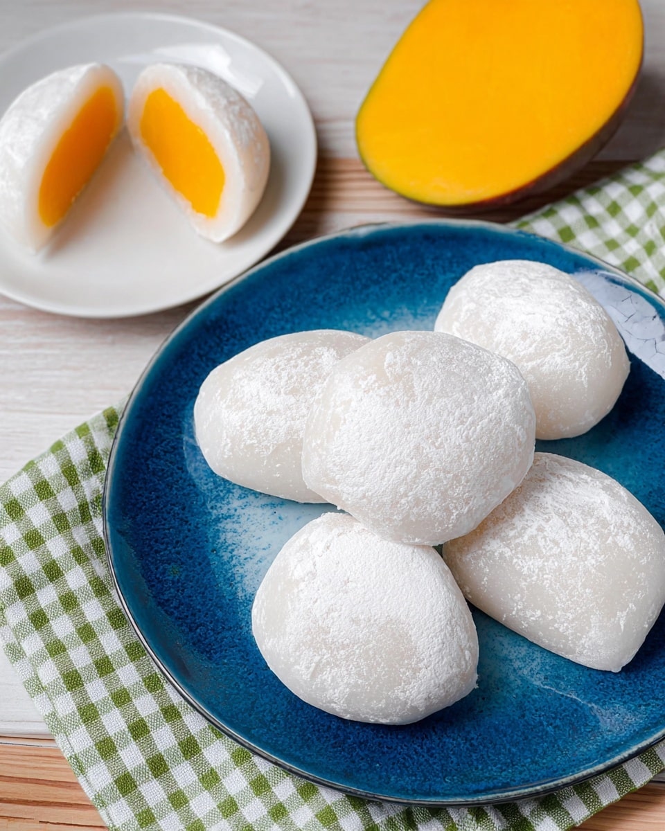 The image shows a close-up of several mochi desserts on a white marbled surface. There are five whole white mochi pieces arranged on a large round blue plate with a shiny texture near the bottom right. Each mochi is round-oval shaped with a smooth, powdery white outer layer. Above the plate to the left, on a small white plate, there is one mochi cut in half showing a bright orange layer inside, which looks smooth and dense. Next to the small plate is a whole piece of fresh mango with a bright, glossy yellow-orange color and smooth texture. The background is a white marbled surface with light wood grain patterns and a green and white checkered cloth partially visible under the blue plate. photo taken with an iphone --ar 4:5 --v 7