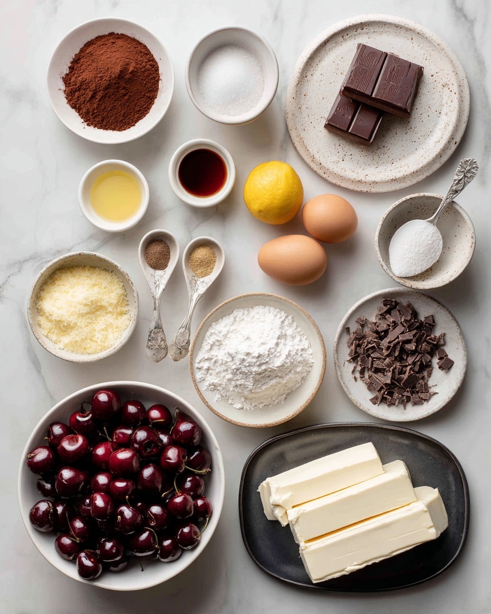 The image shows ingredients for a dessert laid out neatly on a white marbled surface. On the top left, five small white bowls and spoons hold cocoa powder, sugar, melted butter, vanilla extract, and graham cracker crumbs labeled as the chocolate graham cracker crust ingredients. On the top right, a white speckled plate holds two eggs, cocoa powder in a small bowl, a block of chocolate, sugar in a measuring cup, and a spoon with vanilla extract labeled as chocolate cheesecake filling ingredients, with two large white blocks of cream cheese on a black oval plate nearby. At the bottom left, a large white bowl is filled with frozen cherries, surrounded by smaller white bowls containing sliced lemon, granulated sugar, flour, chocolate shavings, and two measuring spoons with vanilla extract, labeled as cherry topping ingredients. photo taken with an iphone --ar 4:5 --v 7