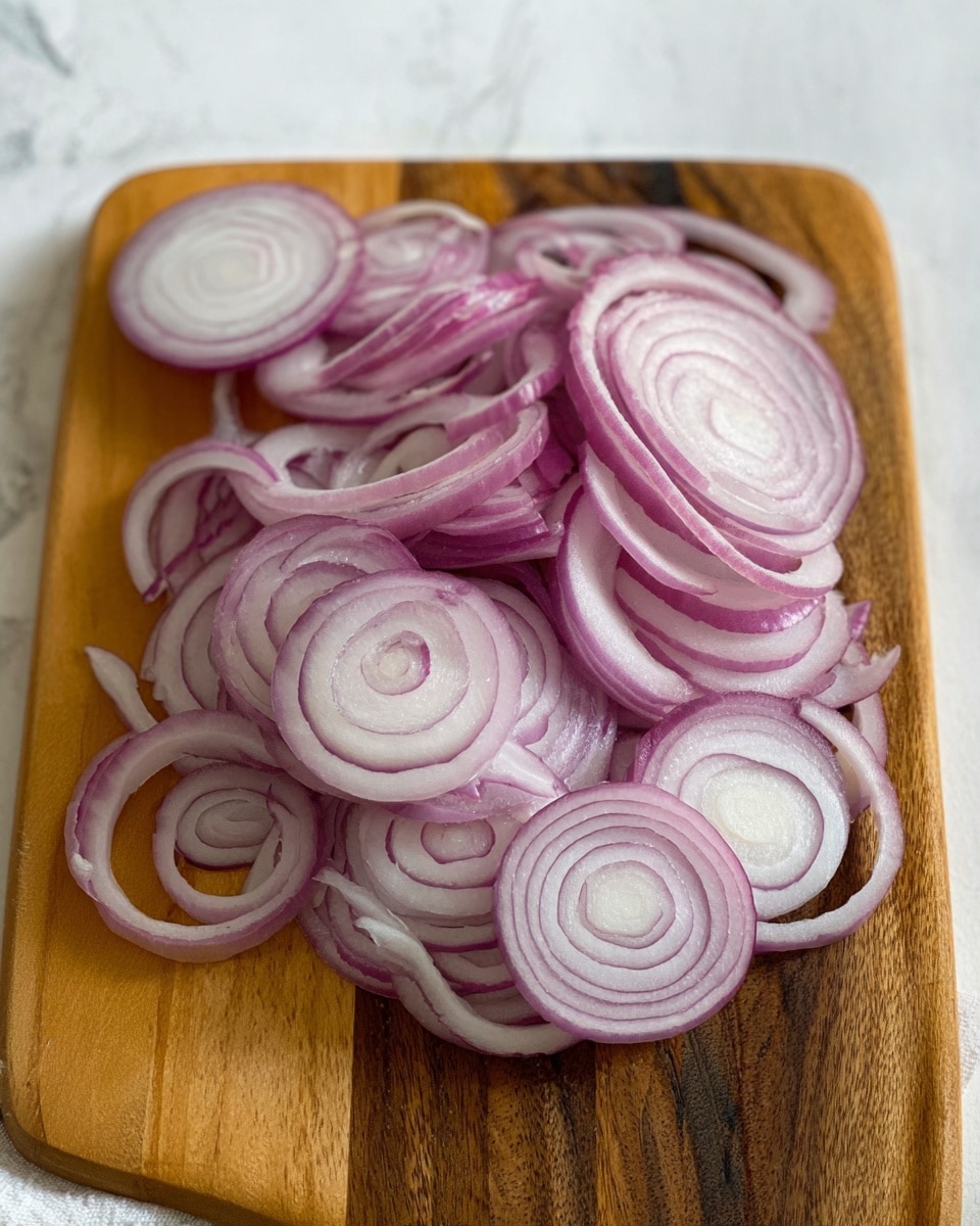 The image shows many thin, circular slices of purple onion with light purple and white rings, arranged in a loose pile on a wooden cutting board with a natural brown color and visible wood grain. The onion slices vary in size and some have perfect round shapes while others are more irregular. The cutting board sits on a white marbled surface, adding a light and clean background to the scene. photo taken with an iphone --ar 4:5 --v 7