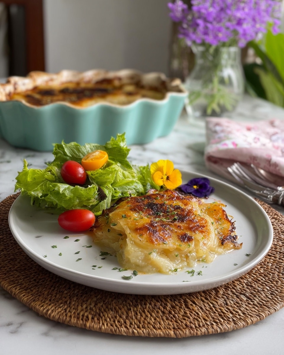 A white ceramic baking dish with scalloped edges shows a partially eaten potato dish with golden brown, crispy top layers of thinly sliced potatoes, seasoned with green herbs scattered on top. The layers underneath appear soft and creamy with a light yellow color, visible where a piece is being lifted by a woman's hand with blue nail polish holding a white-handled spatula. Next to the dish, there is a white bowl filled with a fresh salad containing mixed green leaves, red tomato slices, and yellow edible flowers. The surface is a white marbled texture, and a small clear glass vase with purple flowers is placed beside the dish. Photo taken with an iphone --ar 4:5 --v 7