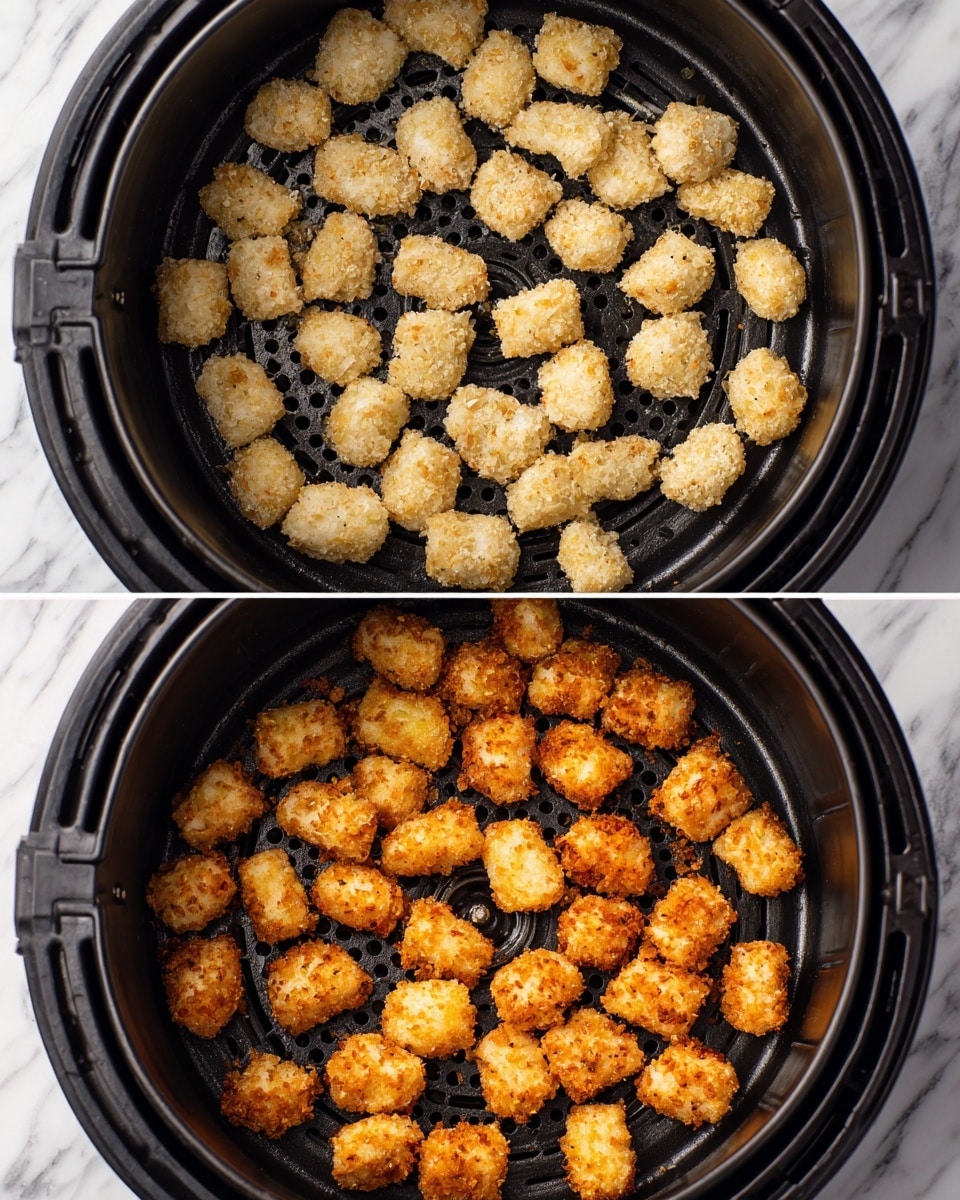 The image shows two close-up views of small fried pieces cooking in a black air fryer basket. The top part features uncooked, pale beige pieces with a rough, bumpy coating scattered unevenly on the black basket with circular patterns. The bottom part shows the same pieces after cooking, now golden brown and crispy, still spread over the black basket. The texture looks crunchy and the color is warm, with some pieces darker than others, showing a cooked and appetizing finish. The background is a white marbled texture. photo taken with an iphone --ar 4:5 --v 7