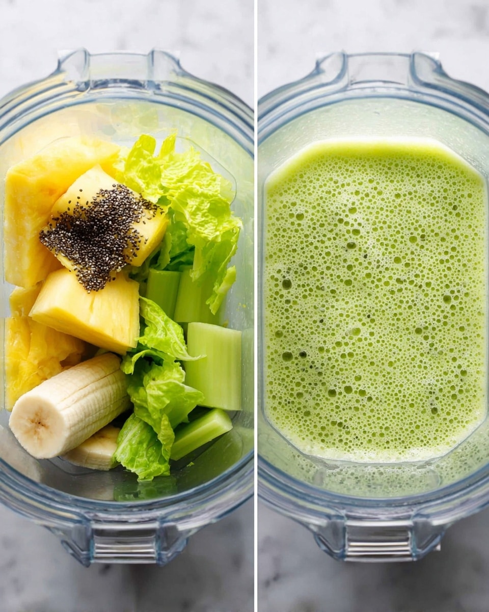 The image shows two clear blender containers on a white marbled surface. The first container holds several fresh ingredients layered inside: bright yellow pineapple chunks, light green celery sticks, curved slices of banana with a pale cream color, small green lettuce leaves, and a pile of tiny black chia seeds on top. The second container shows the result after blending, a smooth light green liquid with many small bubbles on the surface filling the container almost to the top. Photo taken with an iphone --ar 4:5 --v 7