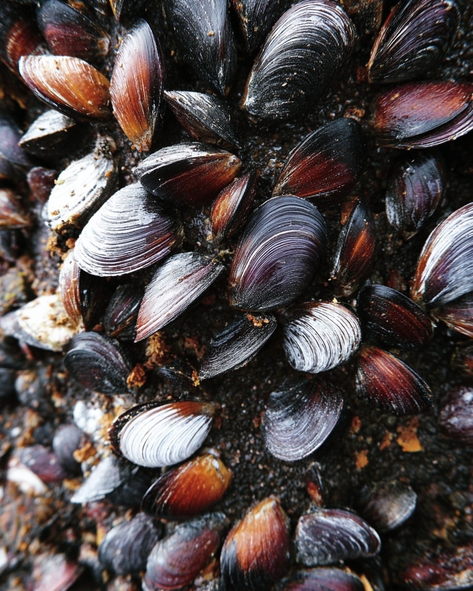 The image shows many small mussels tightly packed together in layers, covering a rough surface. The mussel shells are mostly dark purple and black with some reddish-brown stripes, creating a mix of dark and warm colors. The shells have a shiny, smooth texture that reflects light, making them look wet. The mussels are piled in a natural, irregular way, with shells overlapping each other in multiple layers. Photo taken with an iphone --ar 4:5 --v 7