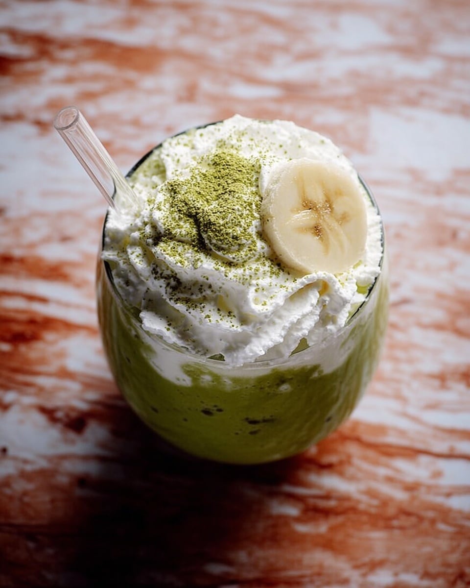 A clear round glass filled with a green smoothie as the first layer, topped with a thick layer of white whipped cream that has a soft, fluffy texture. On top of the whipped cream, there is a single round banana slice slightly embedded in the cream, lightly sprinkled with green powder. A clear glass straw is placed on the left side of the glass. The glass is set on a white marbled texture. photo taken with an iphone --ar 4:5 --v 7