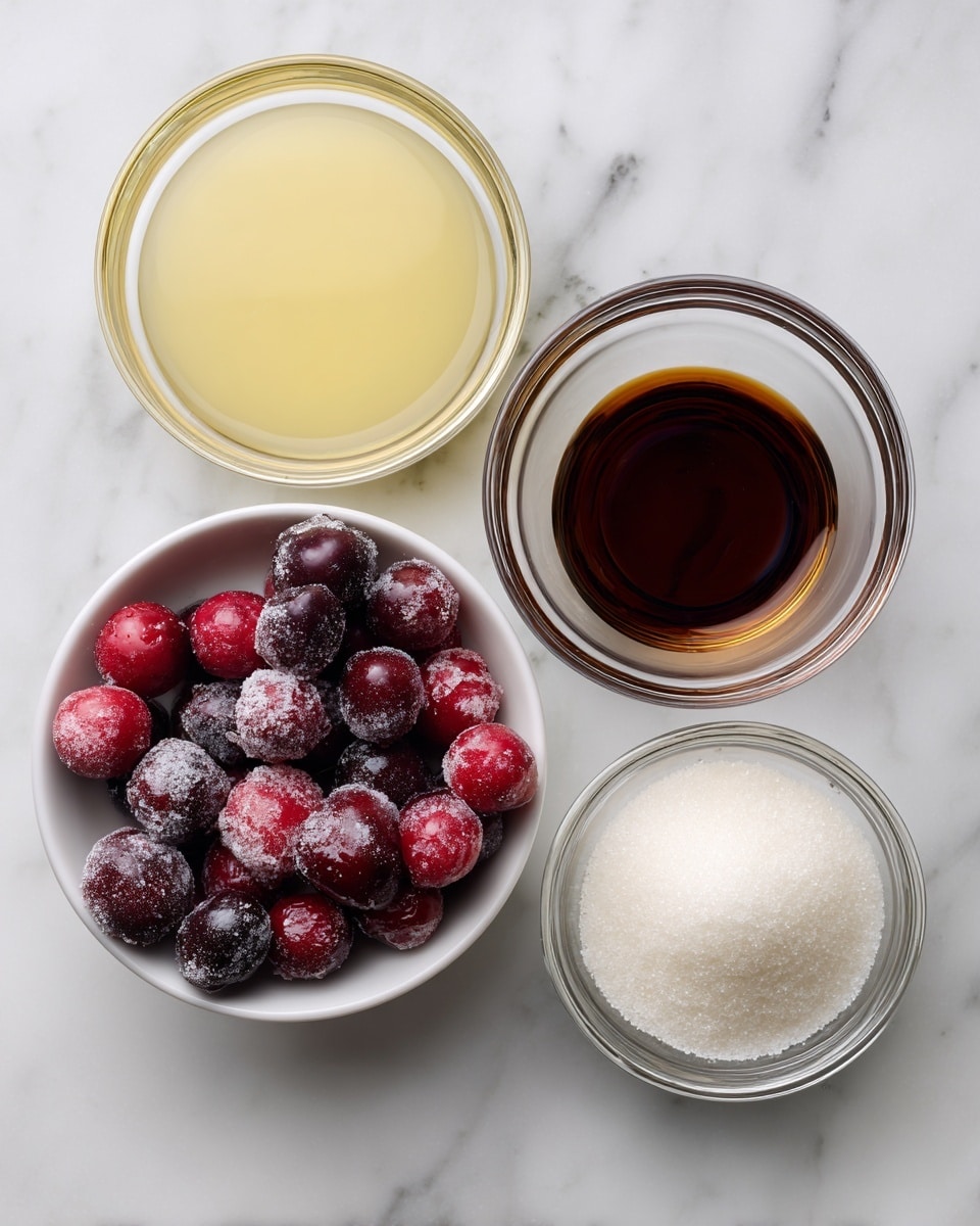 The image shows four small glass bowls placed on a white marbled surface, each containing a different ingredient. The top left bowl holds a pale yellow liquid labeled lemon juice, and the top right bowl contains a dark brown liquid labeled vanilla. On the bottom left, a white bowl is filled with frozen mixed berries in shades of red and purple, some with frost visible on them. To the bottom right, another small glass bowl holds granulated white sugar. The arrangement is neat and spaced out evenly. Photo taken with an iphone --ar 4:5 --v 7