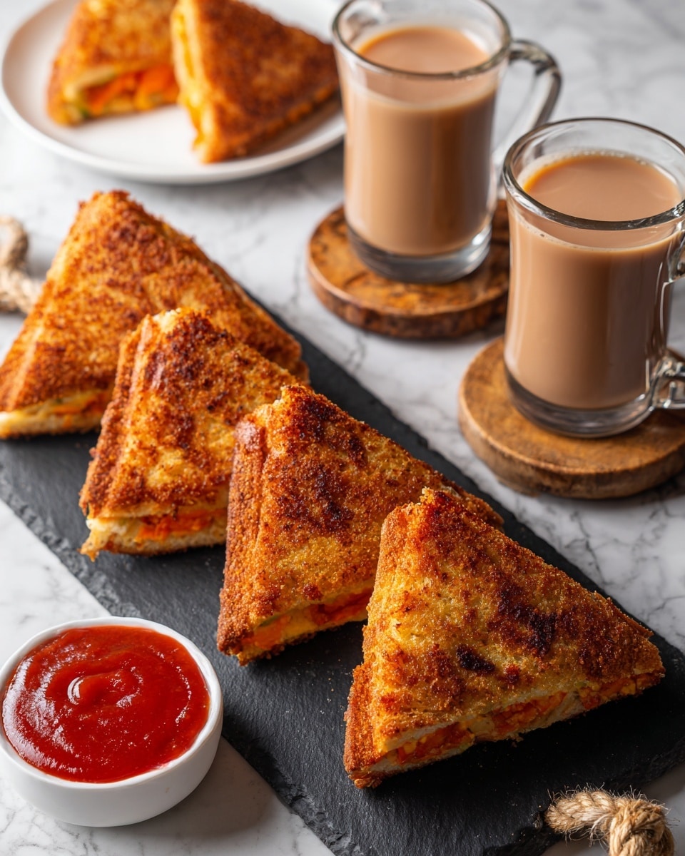 Four toasted triangular sandwiches with crispy golden brown textured crusts are arranged in a row on a dark slate serving board with a small rope handle on one end. Each sandwich shows a glimpse of orange and pale filling inside. Nearby, two more toasted triangular sandwiches rest on a white plate. Above the sandwiches, there is a small white bowl filled with bright red sauce. Two clear glass mugs filled with light brown frothy tea sit on round wooden coasters. All items are placed on a white marbled surface. Photo taken with an iphone --ar 4:5 --v 7