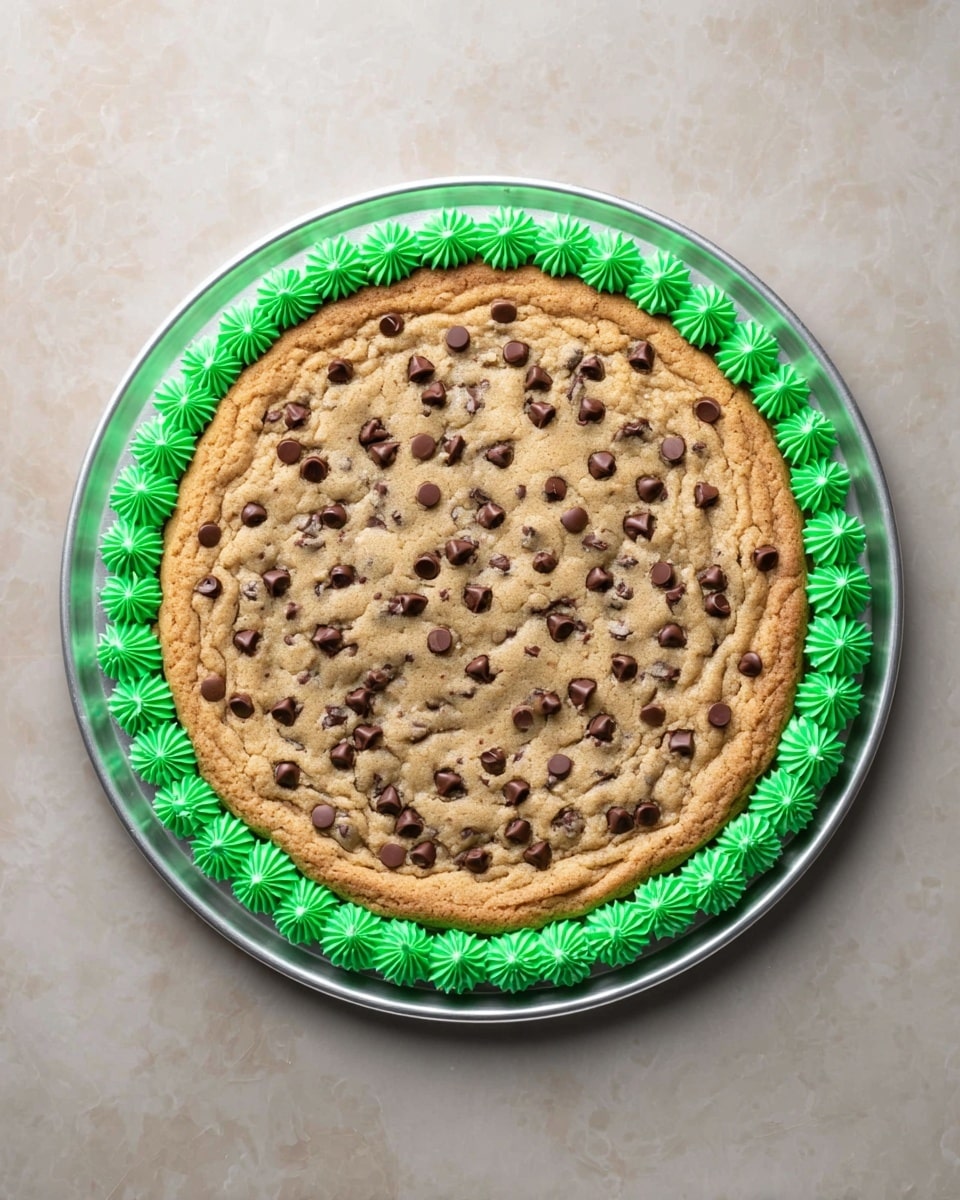 A large, round chocolate chip cookie is placed on a silver baking tray. The cookie is light brown with many small, dark chocolate chips spread all over the surface. Around the edge of the cookie, there is a ring of bright green frosting, piped in small star shapes that create a neat border. The background is a white marbled texture. photo taken with an iphone --ar 4:5 --v 7