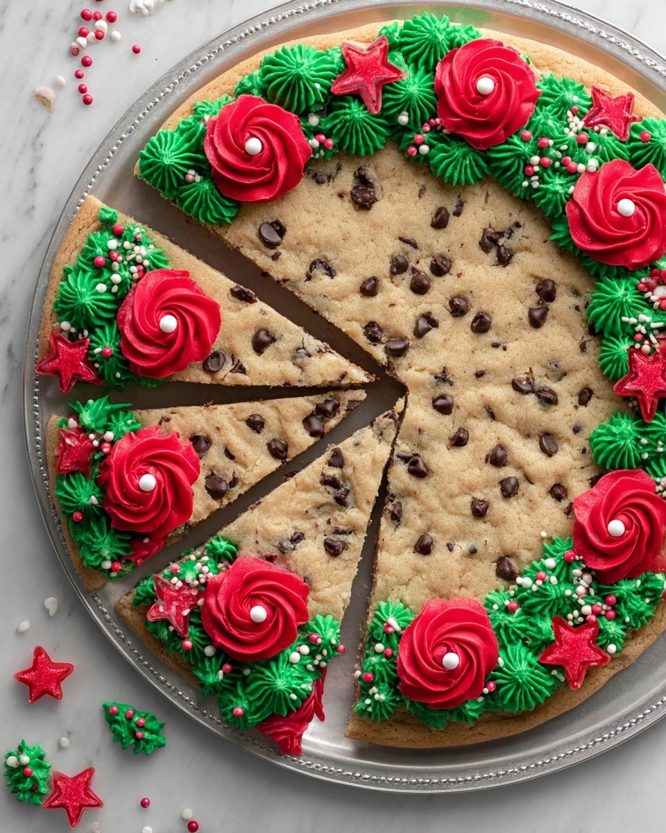 A large round chocolate chip cookie cut into six slices sits on a silver tray over a white marbled surface. The cookie is light brown with scattered small dark chocolate chips throughout. Around the edge of the cookie, there is thick decorative icing in Christmas colors: bright green stars and rosettes cover the border, with large red rosettes shaped like roses growing outwards and smaller red star shapes with white round sprinkles scattered on top. Some green leaves made of icing poke out from under the red roses. A few red and green sprinkles shaped like small trees and stars lie around the tray on the white marbled surface. photo taken with an iphone --ar 4:5 --v 7