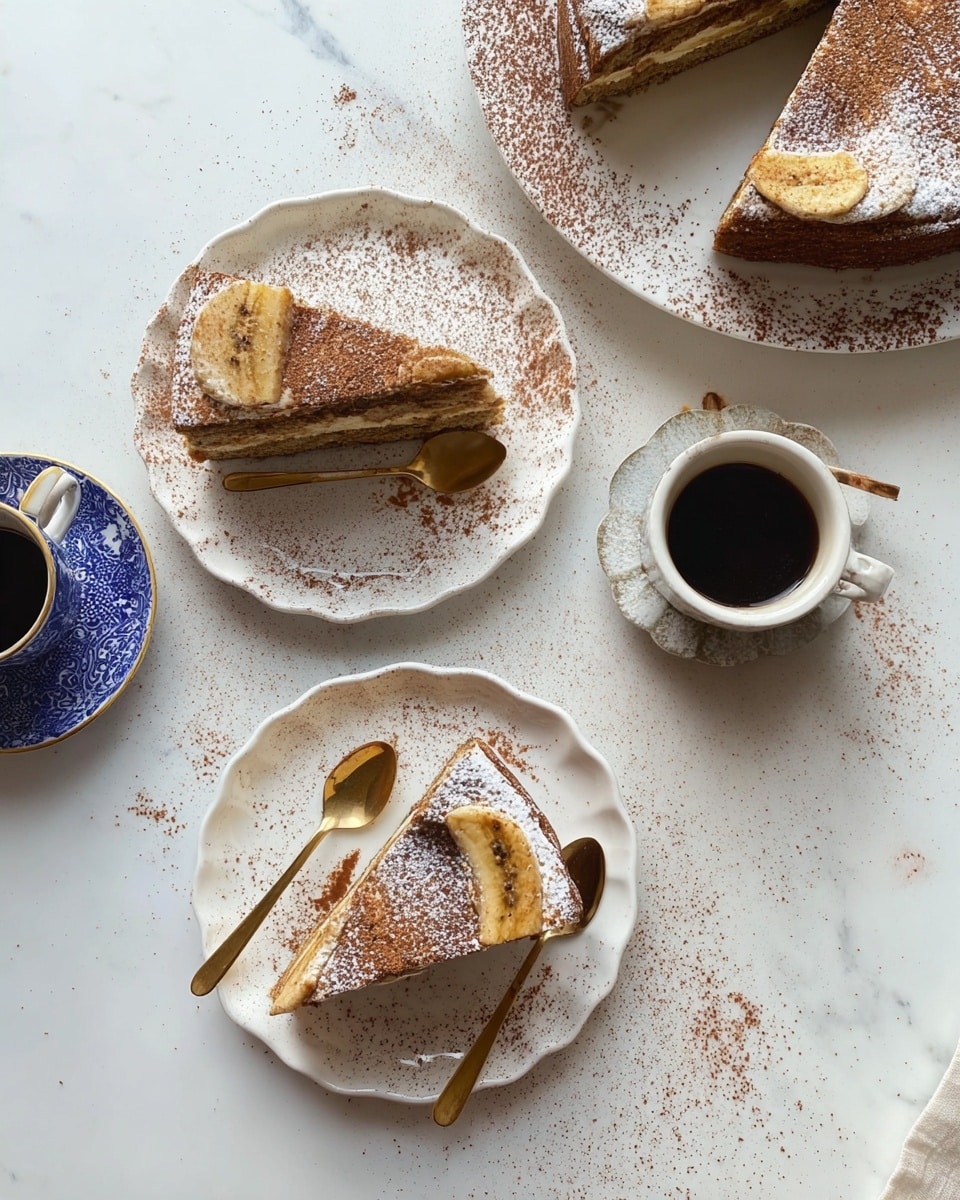 A round banana cake sits on a white plate over a white marbled surface, topped with six long, thin banana slices arranged side by side covering the entire cake top, dusted with powdered sugar creating a light white speckled effect; the cake's edges are darker brown, showing a slightly rough texture. Surrounding the cake are scattered brown crumbs and powder. In the background, there are two blue and white patterned cups with black coffee and a matching small plate filled with pecans, a yellow banana to the left, white plates with ruffled edges to the right, and some small golden spoons and measuring spoons near the bottom. photo taken with an iphone --ar 4:5 --v 7