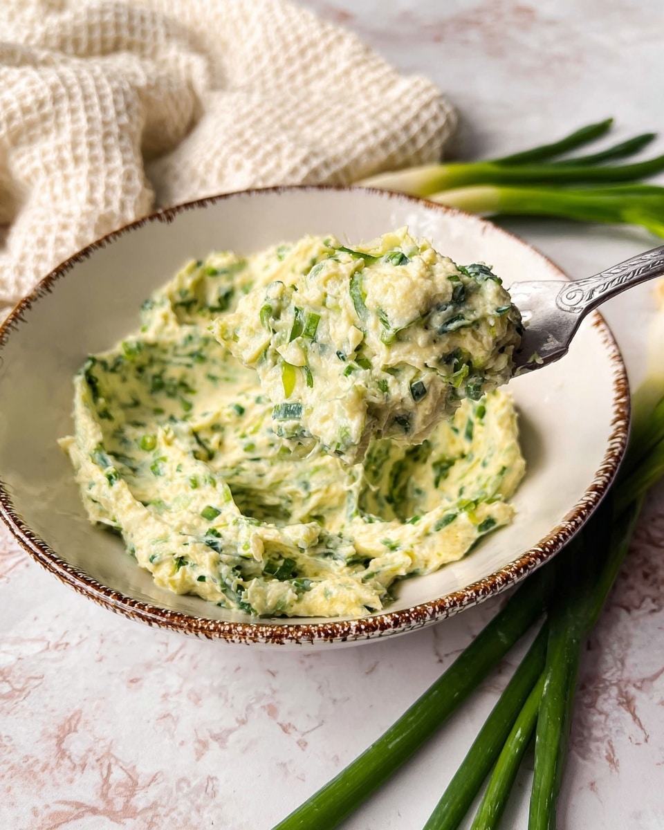 In the image, there is a close-up of a bowl filled with light yellow-green spread mixed with small chopped green herbs evenly throughout. The bowl is white with a rustic brown rim design and has a slightly textured surface. A shiny metal spoon is resting inside the spread, partially covered by it. Around the bowl, on a white marbled surface, are a few fresh green onion stalks and two sesame seed bagels, one whole and one sliced in half, showing the soft inside. The colors are fresh and natural, with a mixture of creamy light yellow, bright green, and browned bagels. Photo taken with an iphone --ar 4:5 --v 7